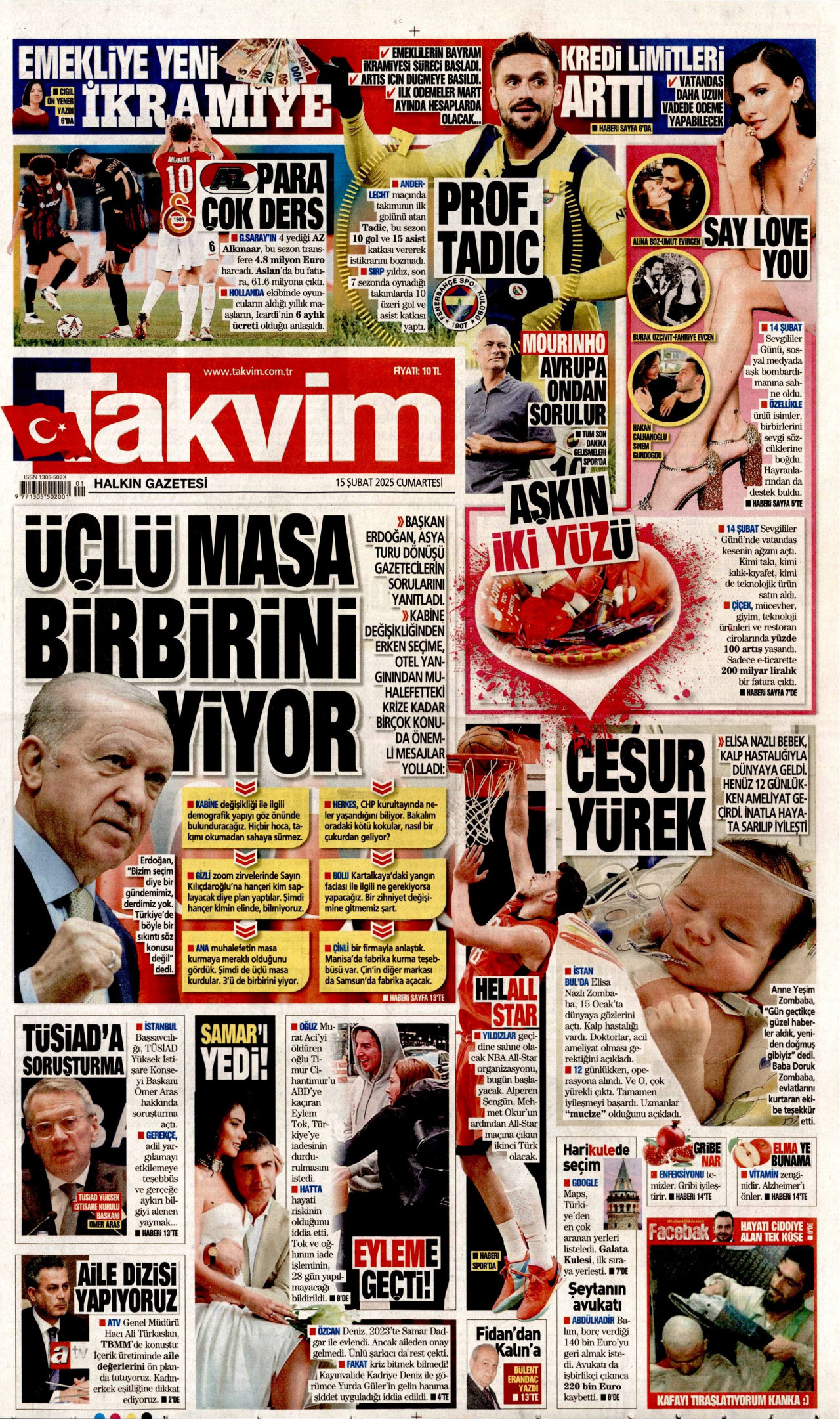TAKVİM gazetesinin 15 Şubat 2025 tarihli birinci sayfası