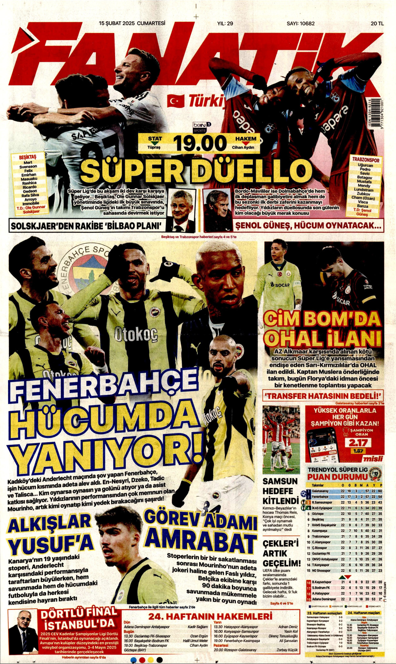 FANATİK gazetesinin 15 Şubat 2025 tarihli birinci sayfası