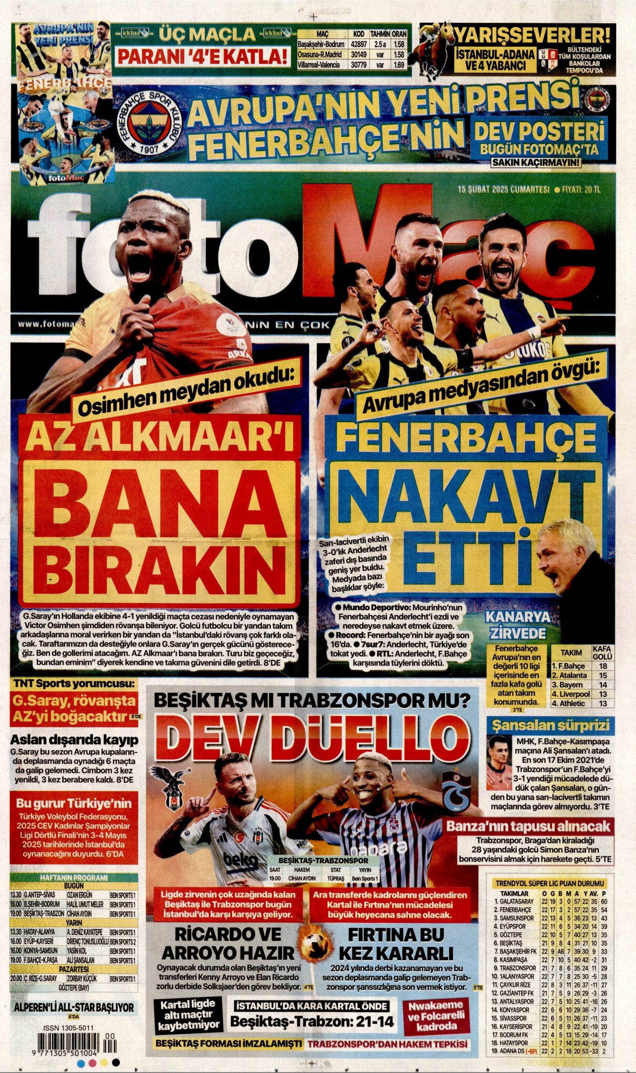 FOTOMAÇ gazetesinin 15 Şubat 2025 tarihli birinci sayfası