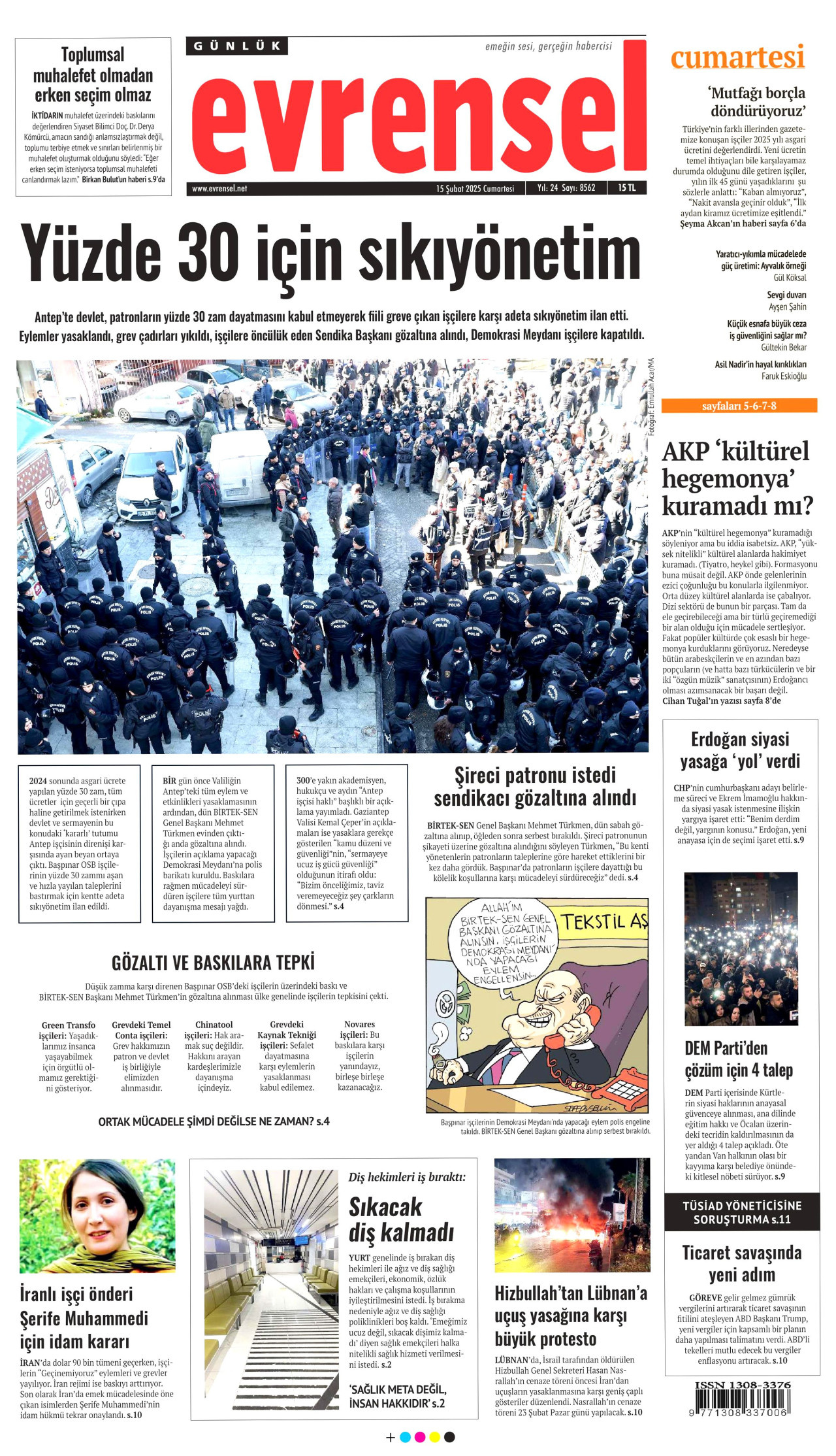 EVRENSEL gazetesinin 15 Şubat 2025 tarihli birinci sayfası