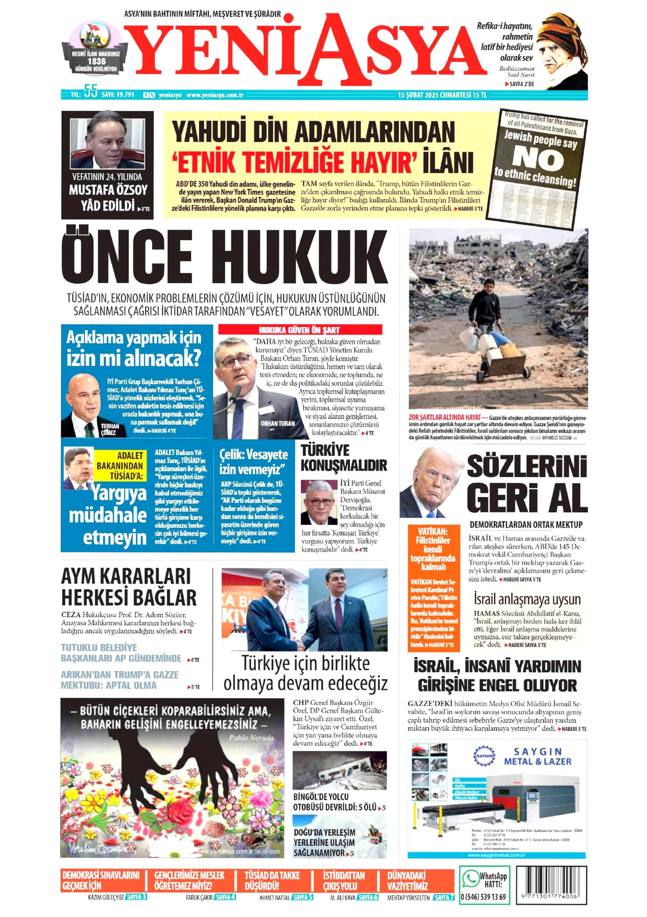 YENİ ASYA gazetesinin 15 Şubat 2025 tarihli birinci sayfası