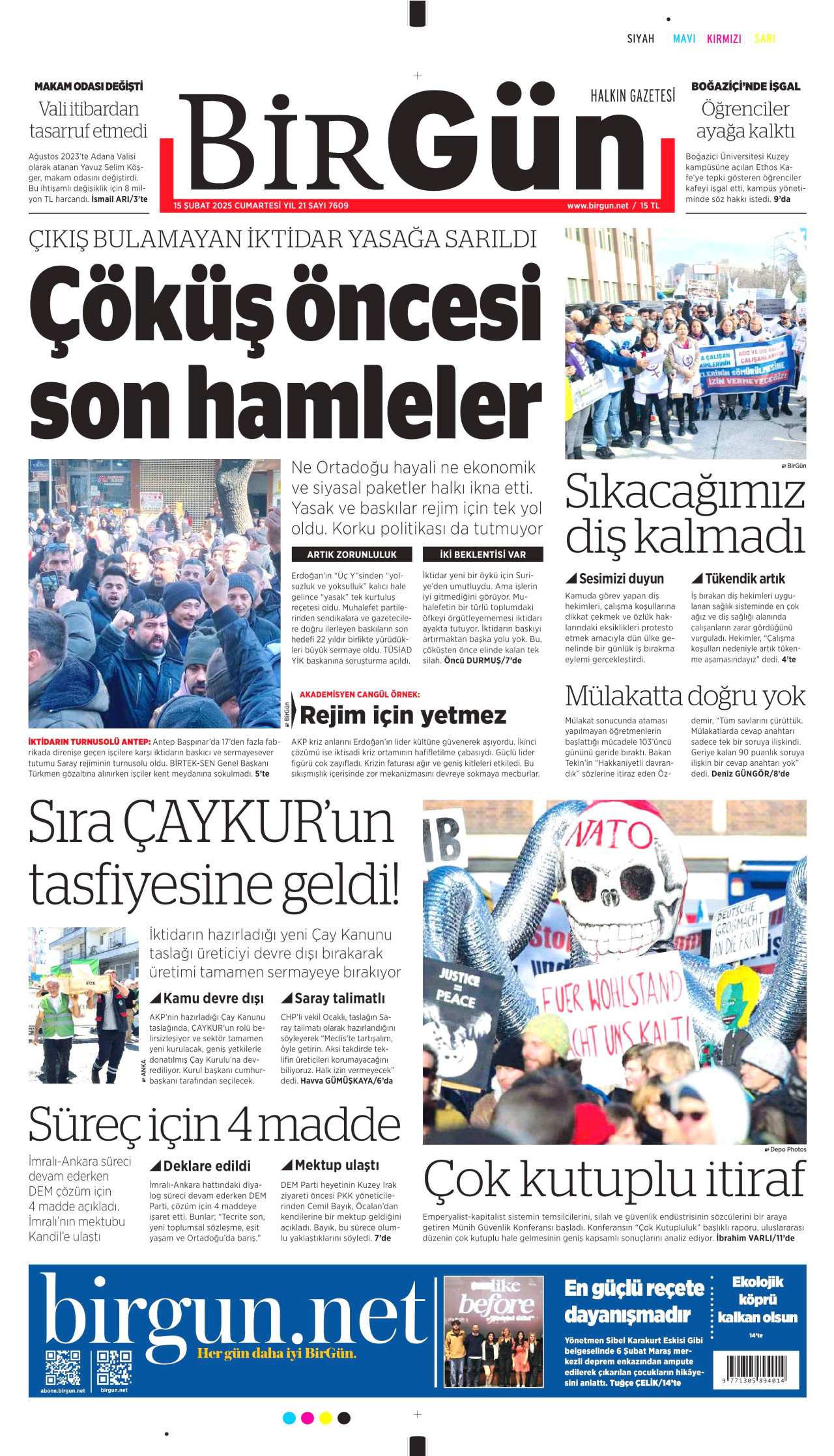 BİRGÜN gazetesinin 15 Şubat 2025 tarihli birinci sayfası
