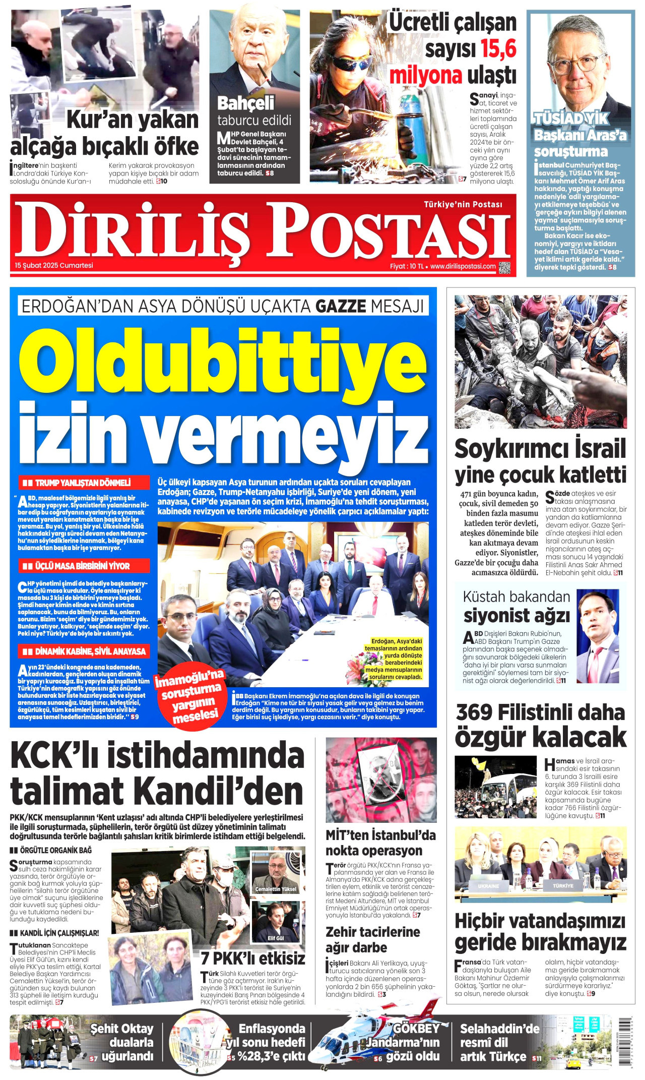 DİRİLİŞ POSTASI gazetesinin 15 Şubat 2025 tarihli birinci sayfası