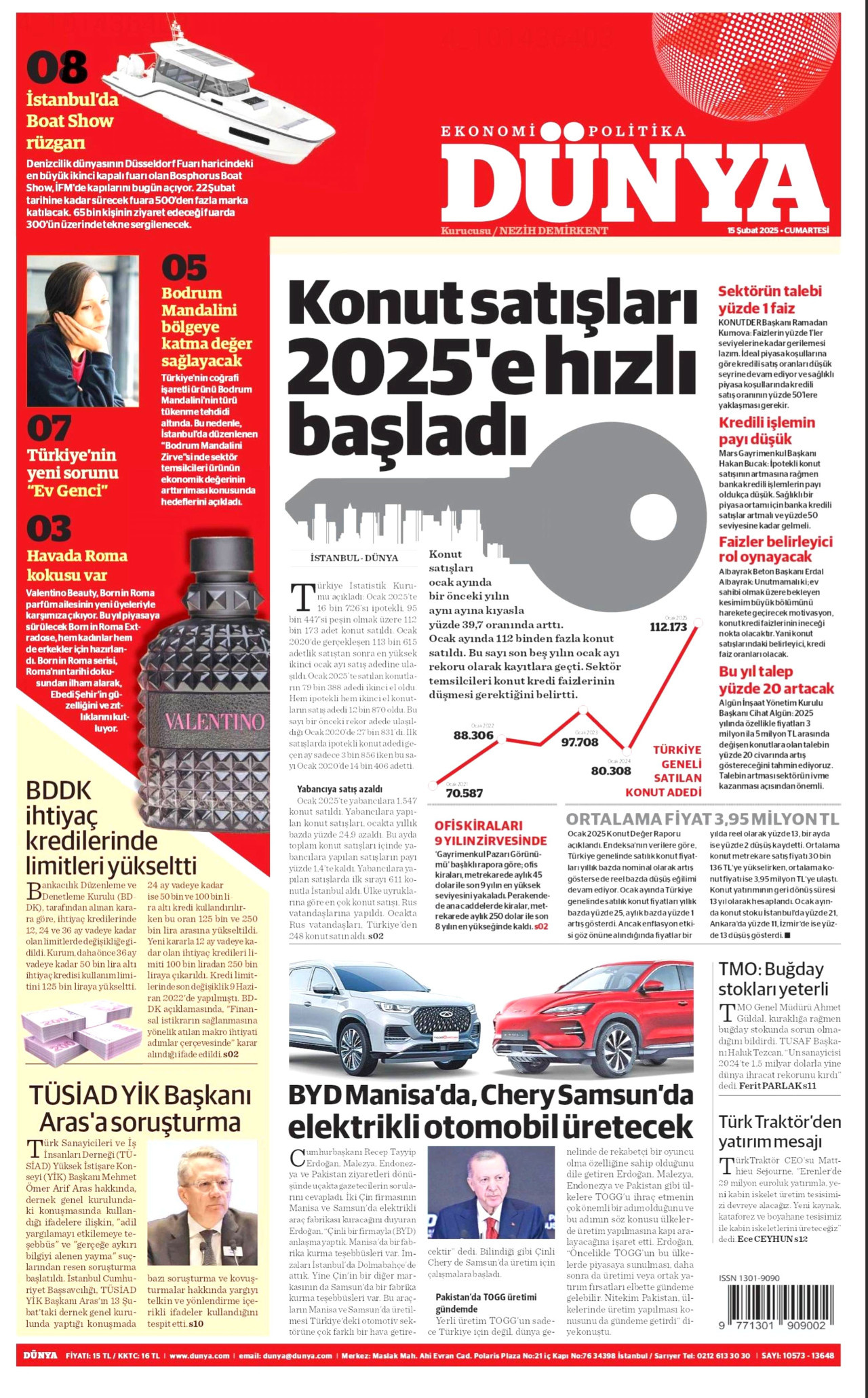 DÜNYA gazetesinin 15 Şubat 2025 tarihli birinci sayfası