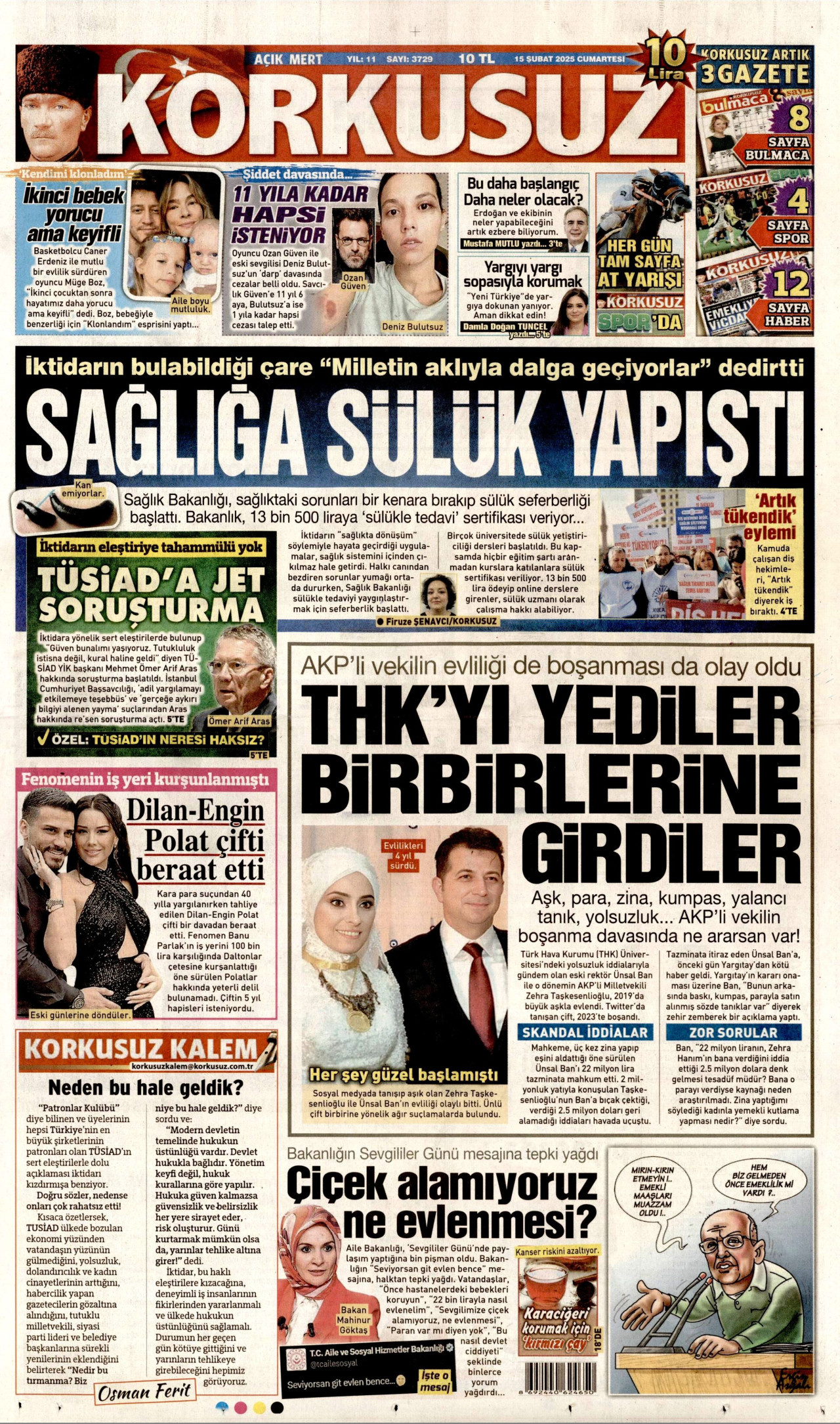KORKUSUZ gazetesinin 15 Şubat 2025 tarihli birinci sayfası