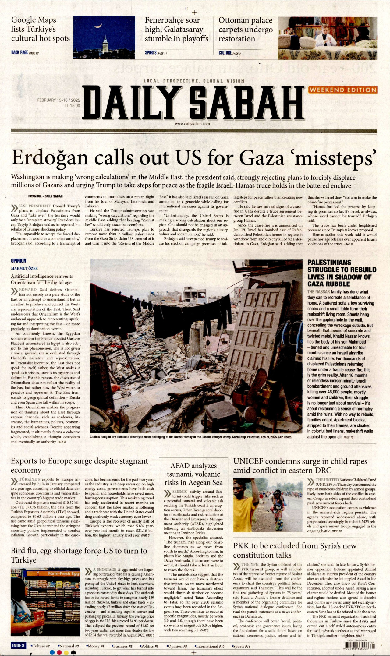DAİLY SABAH gazetesinin 15 Şubat 2025 tarihli birinci sayfası