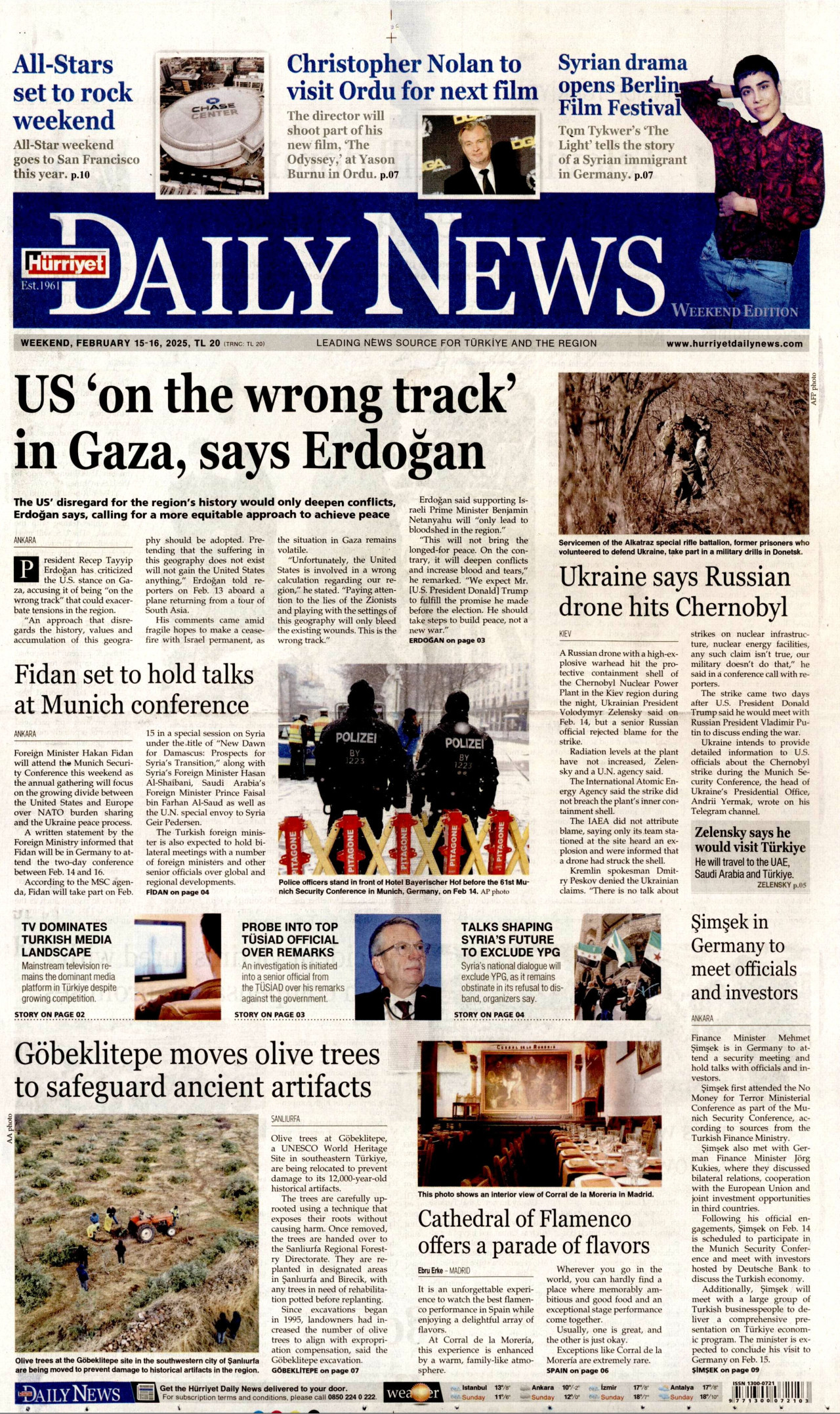 HÜRRİYET DAİLY NEWS gazetesinin 15 Şubat 2025 tarihli birinci sayfası