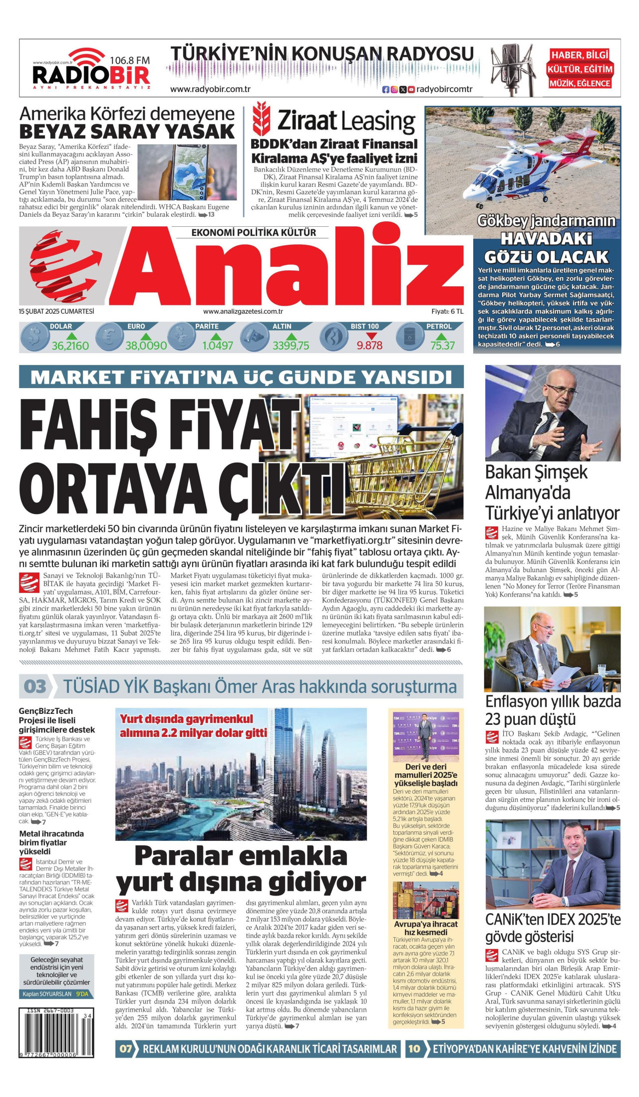 ANALİZ gazetesinin 15 Şubat 2025 tarihli birinci sayfası