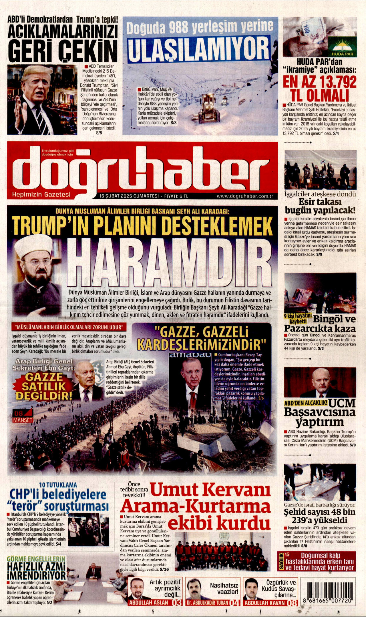 DOĞRU HABER gazetesinin 15 Şubat 2025 tarihli birinci sayfası