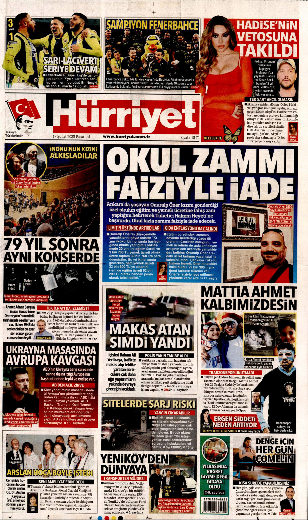 HÜRRİYET gazetesinin 17 Şubat 2025 tarihli birinci sayfası