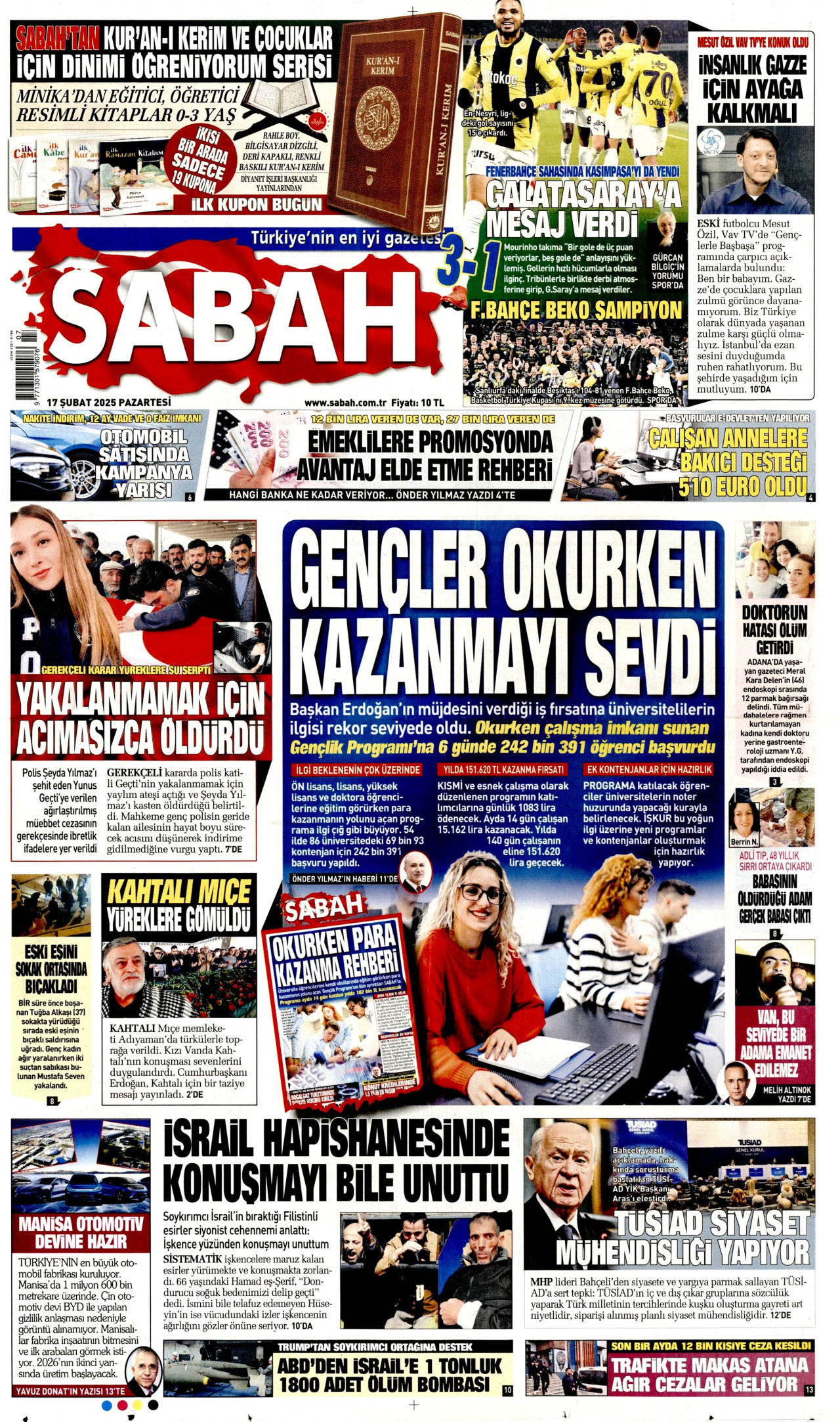 SABAH gazetesinin 17 Şubat 2025 tarihli birinci sayfası
