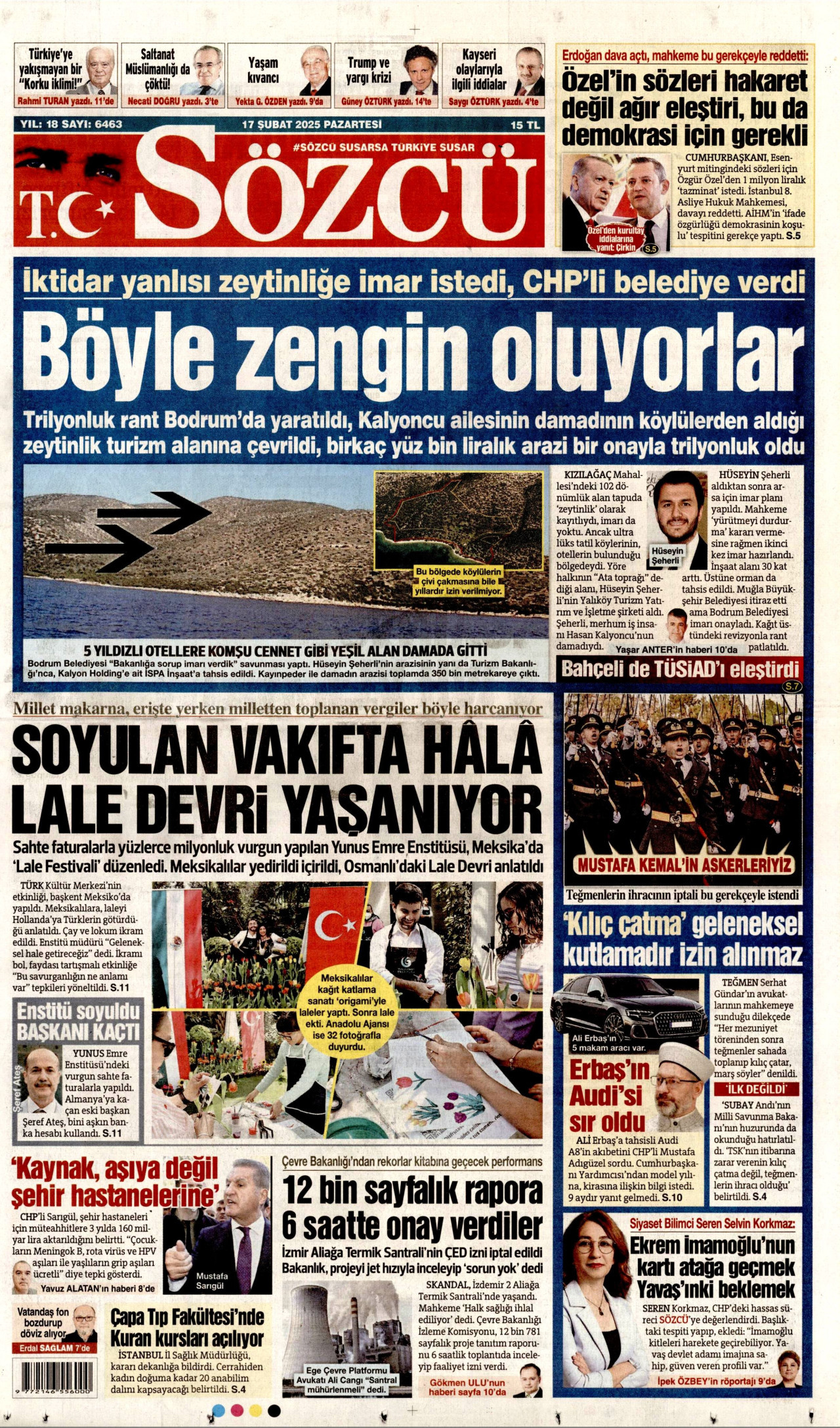 SÖZCÜ gazetesinin 17 Şubat 2025 tarihli birinci sayfası