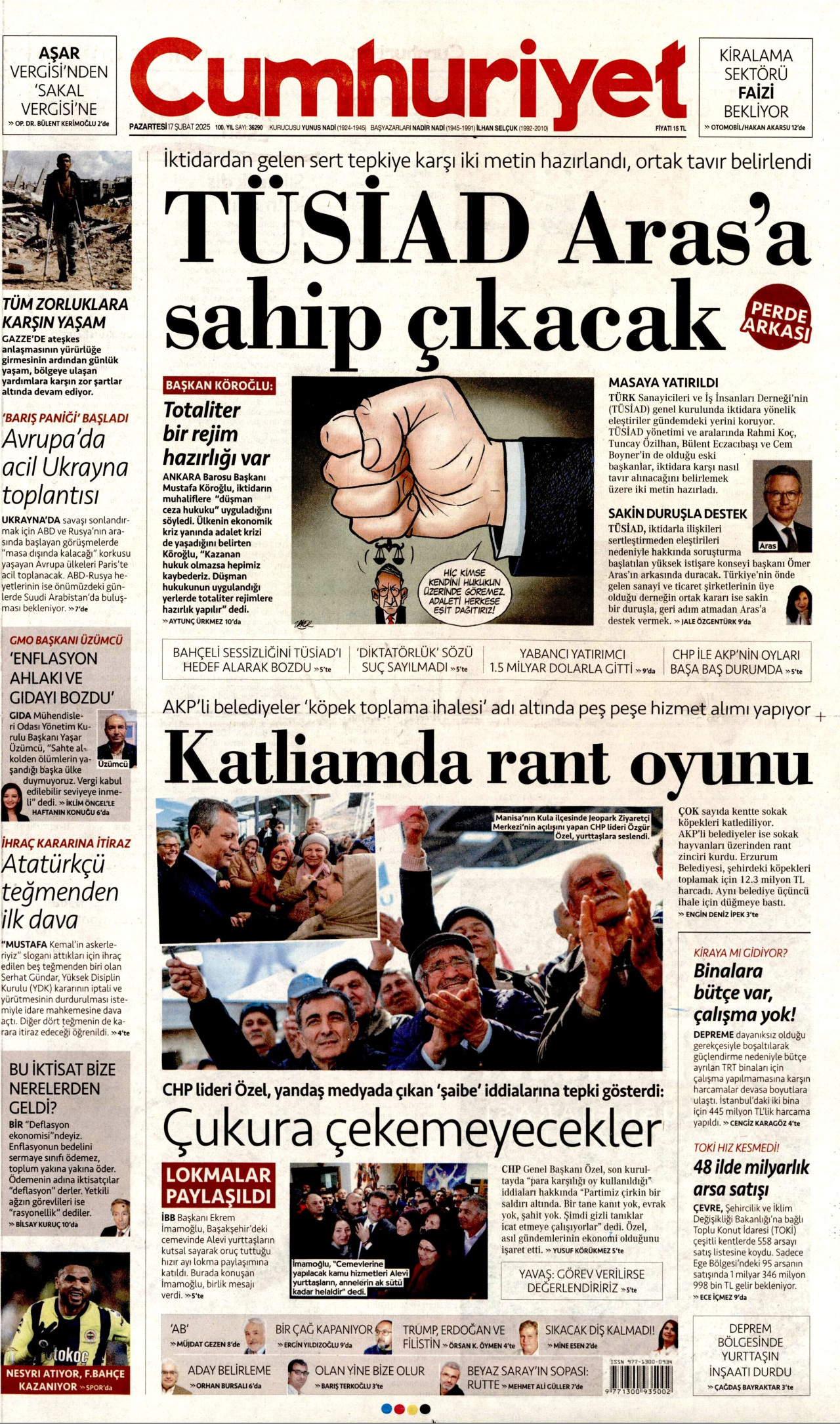 CUMHURİYET gazetesinin 17 Şubat 2025 tarihli birinci sayfası