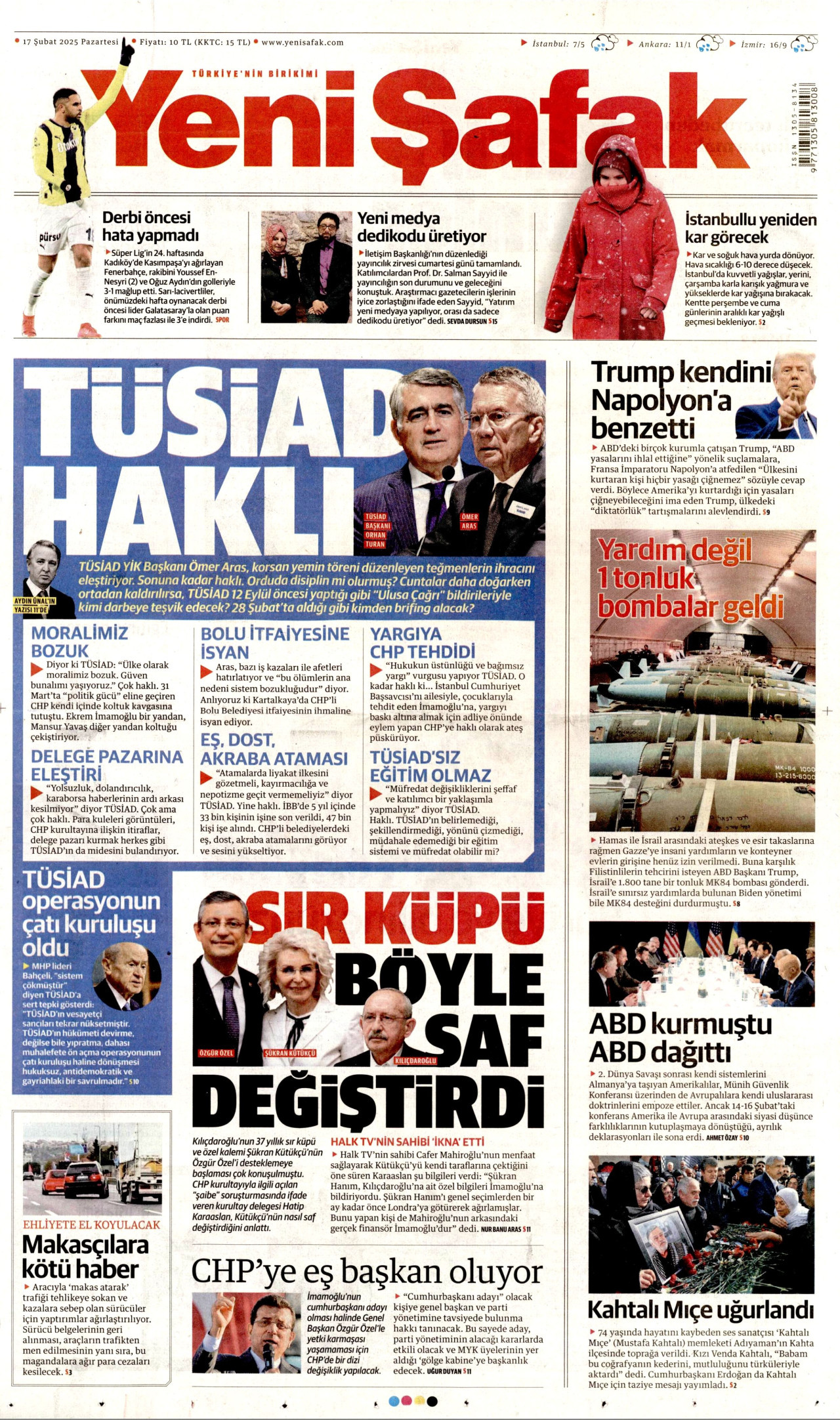 YENİ ŞAFAK gazetesinin 17 Şubat 2025 tarihli birinci sayfası