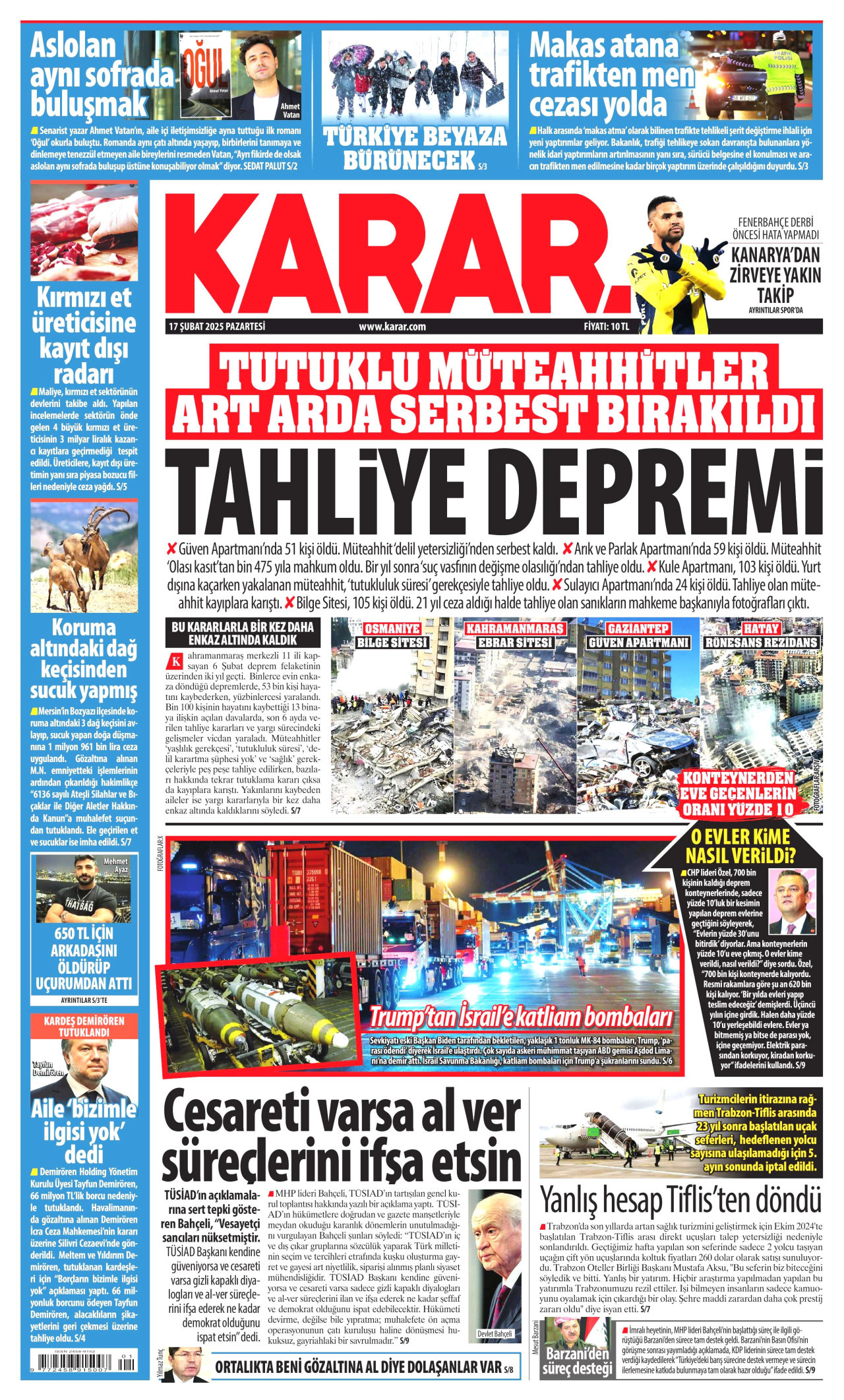 KARAR gazetesinin 17 Şubat 2025 tarihli birinci sayfası