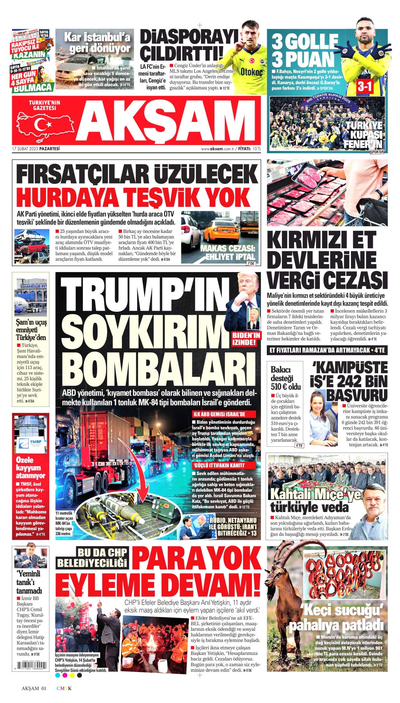 AKŞAM gazetesinin 17 Şubat 2025 tarihli birinci sayfası