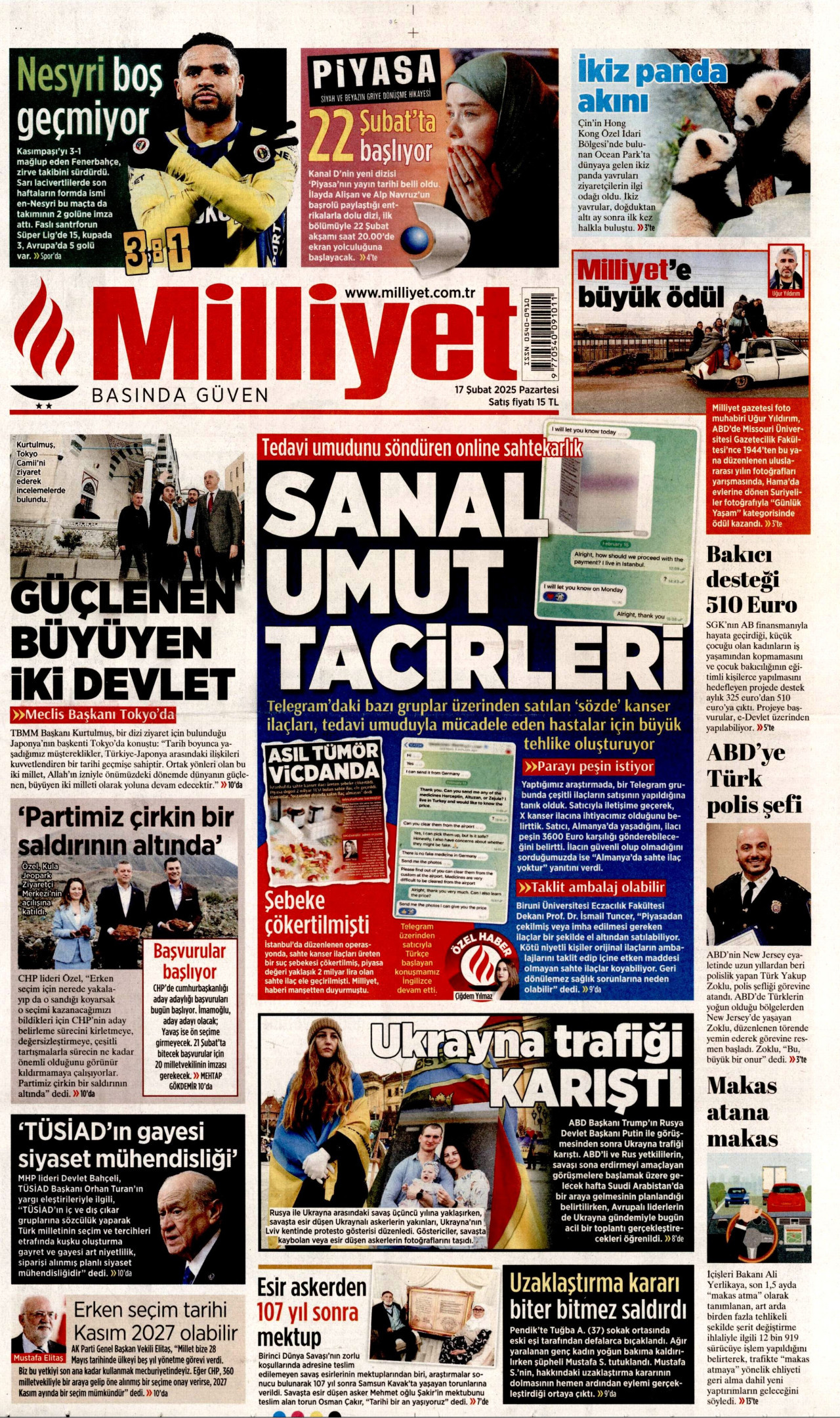 MİLLİYET gazetesinin 17 Şubat 2025 tarihli birinci sayfası
