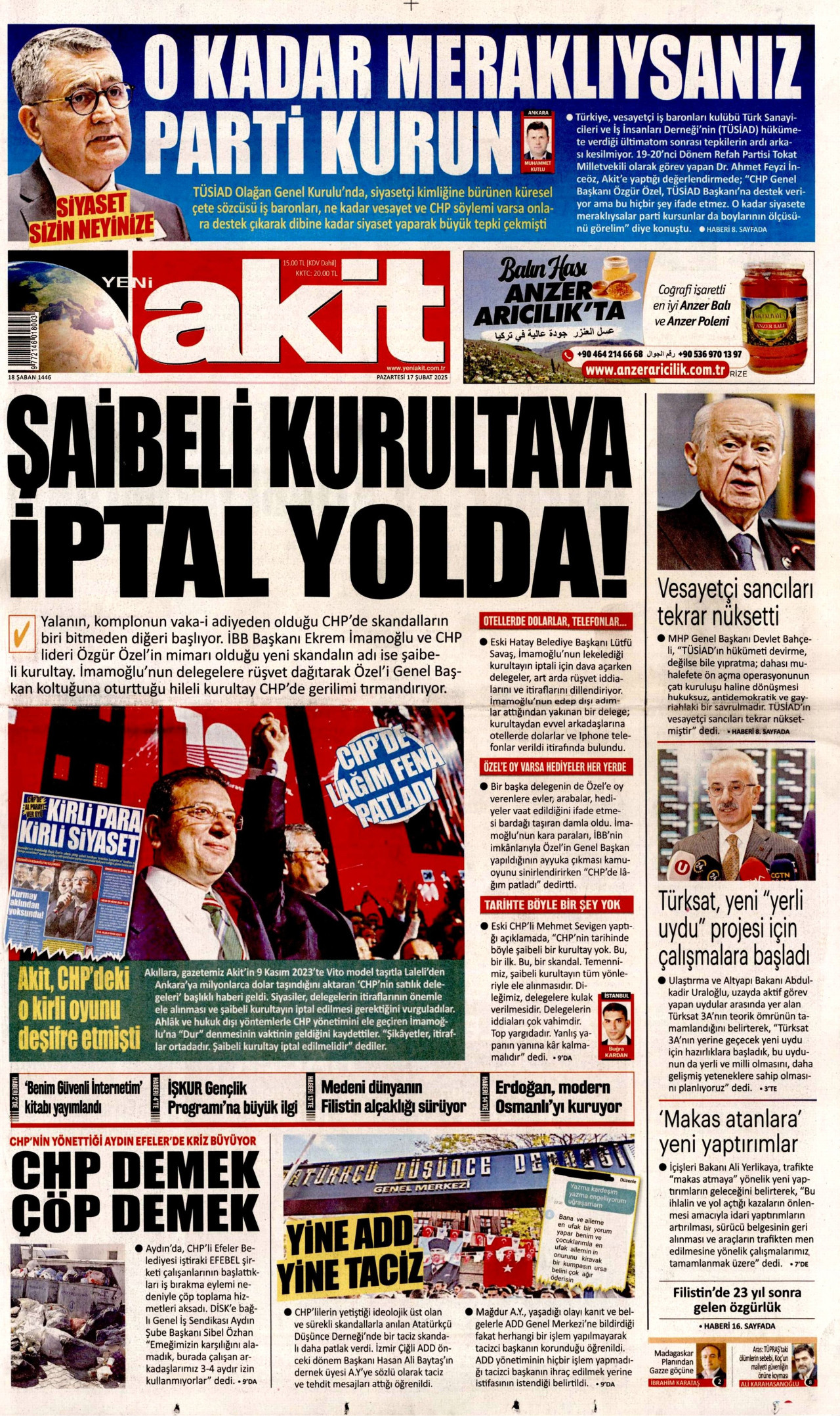 YENİ AKİT gazetesinin 17 Şubat 2025 tarihli birinci sayfası