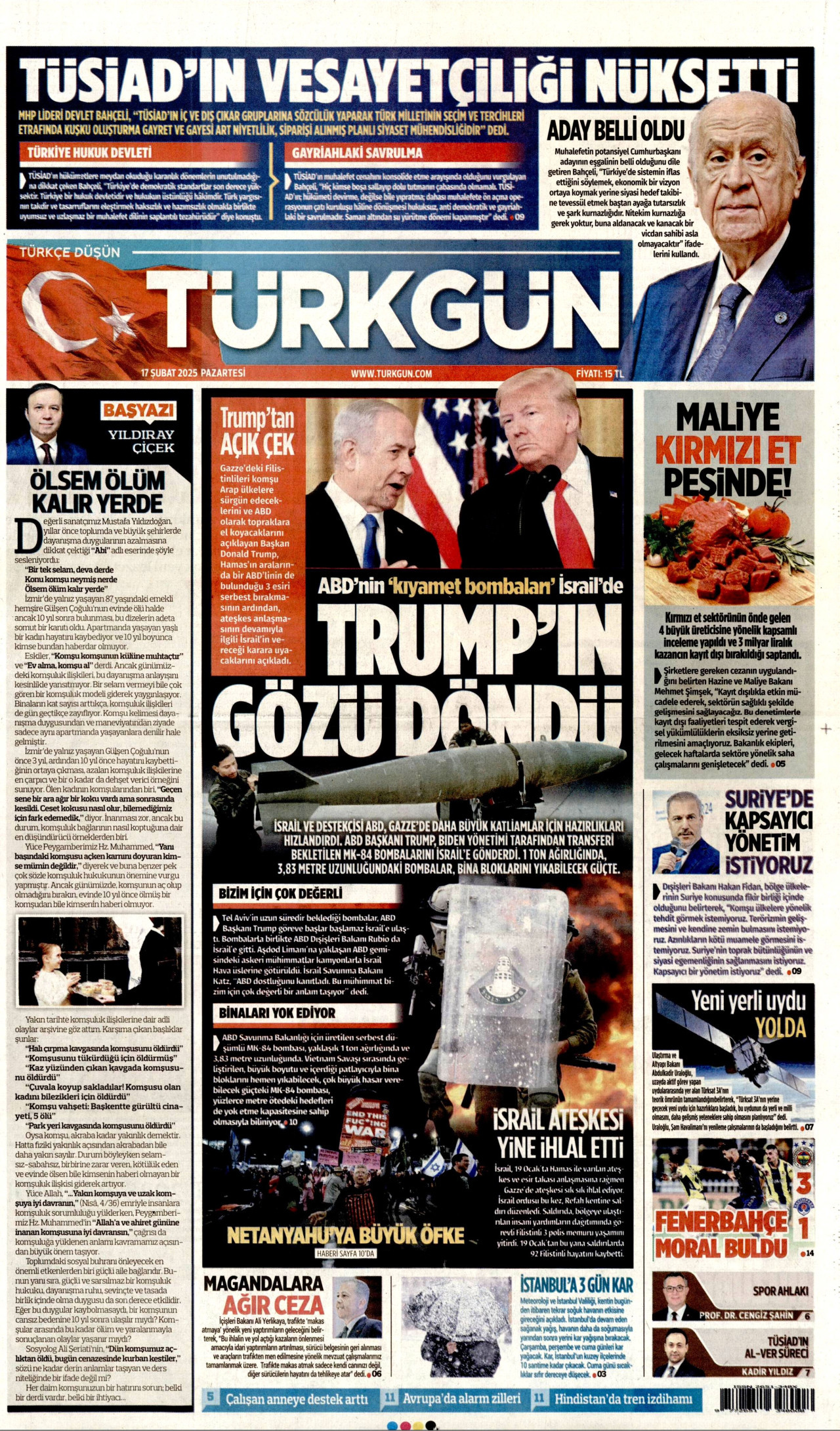 TÜRKGÜN gazetesinin 17 Şubat 2025 tarihli birinci sayfası