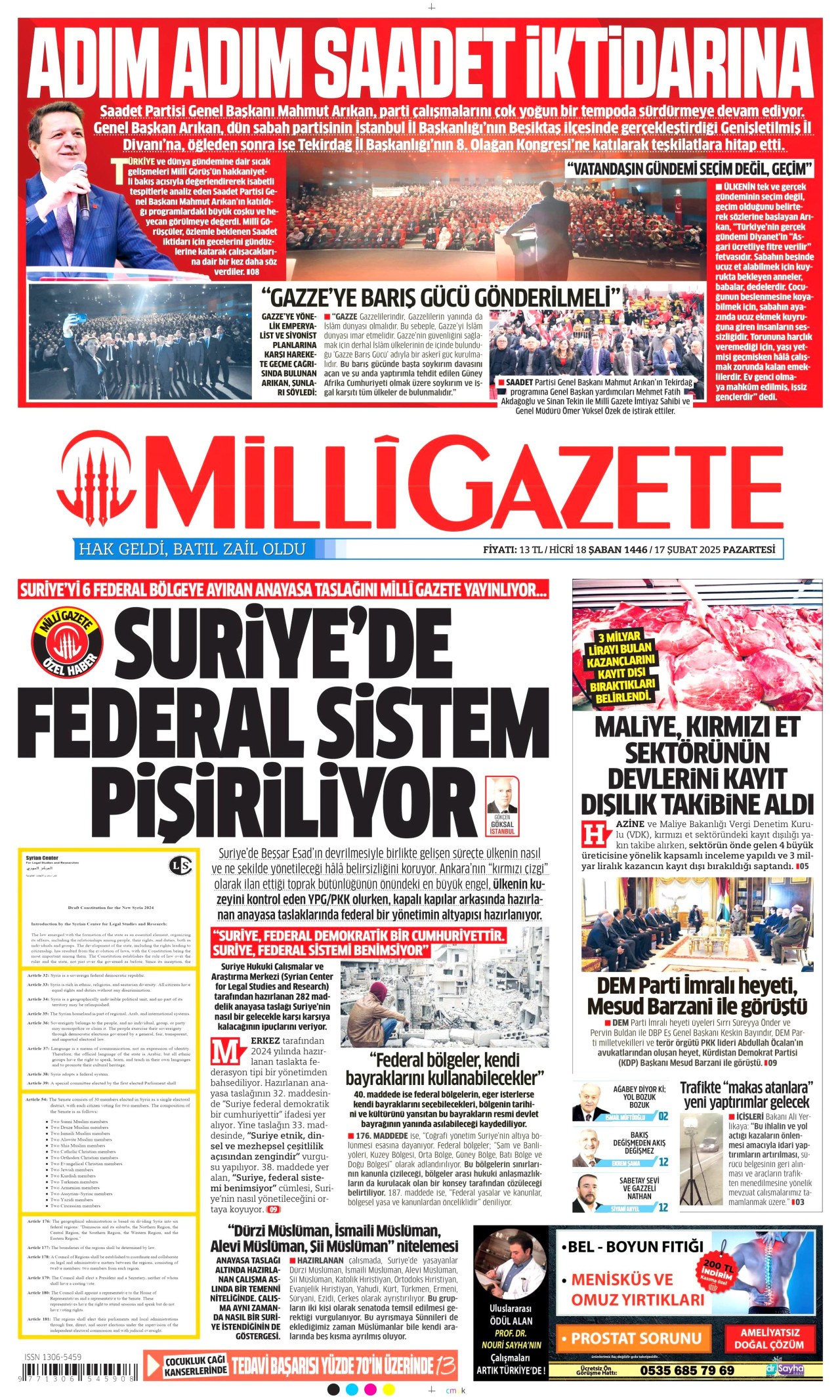 MİLLİ GAZETE gazetesinin 17 Şubat 2025 tarihli birinci sayfası