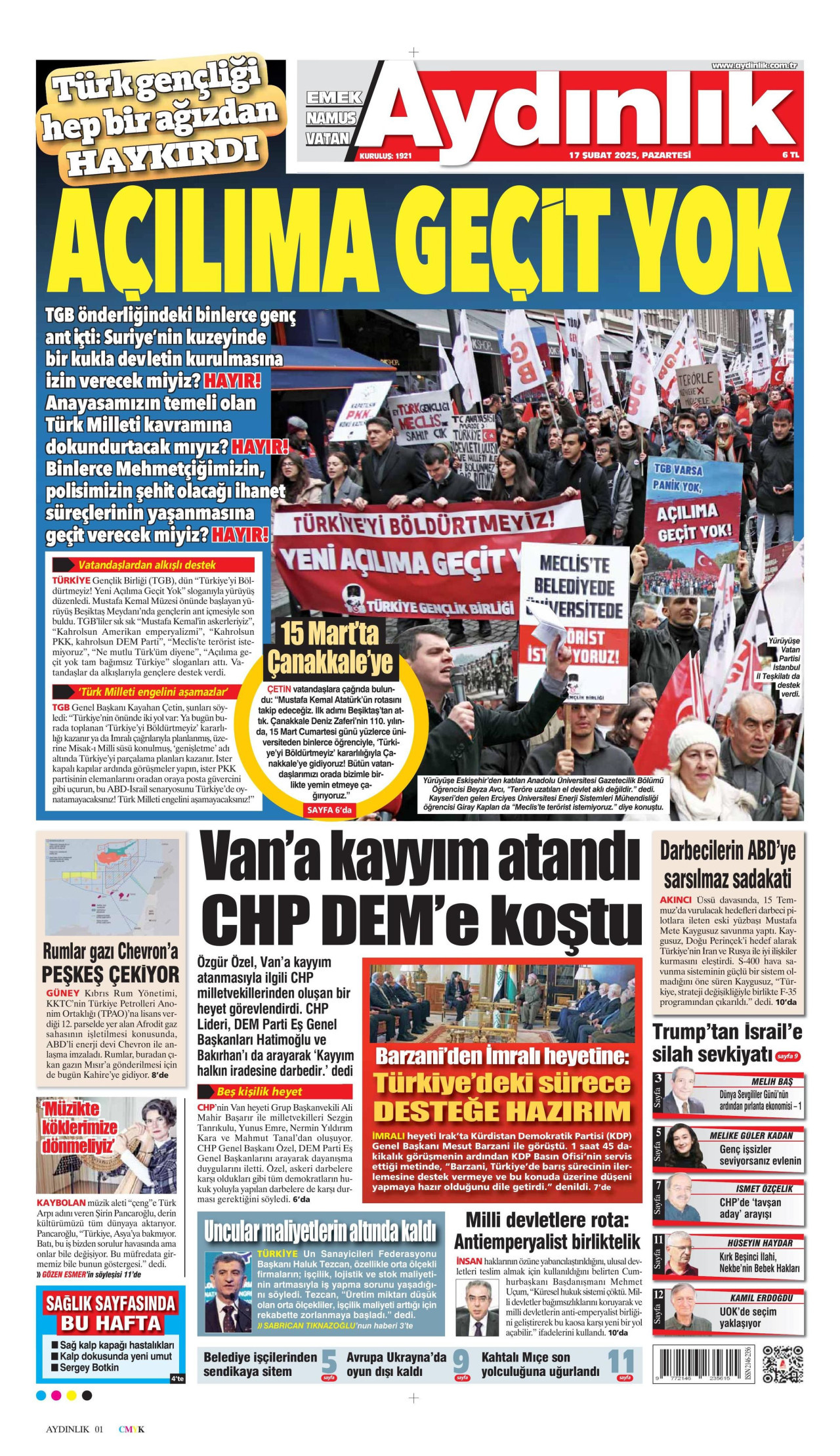 AYDINLIK GAZETESİ gazetesinin 17 Şubat 2025 tarihli birinci sayfası