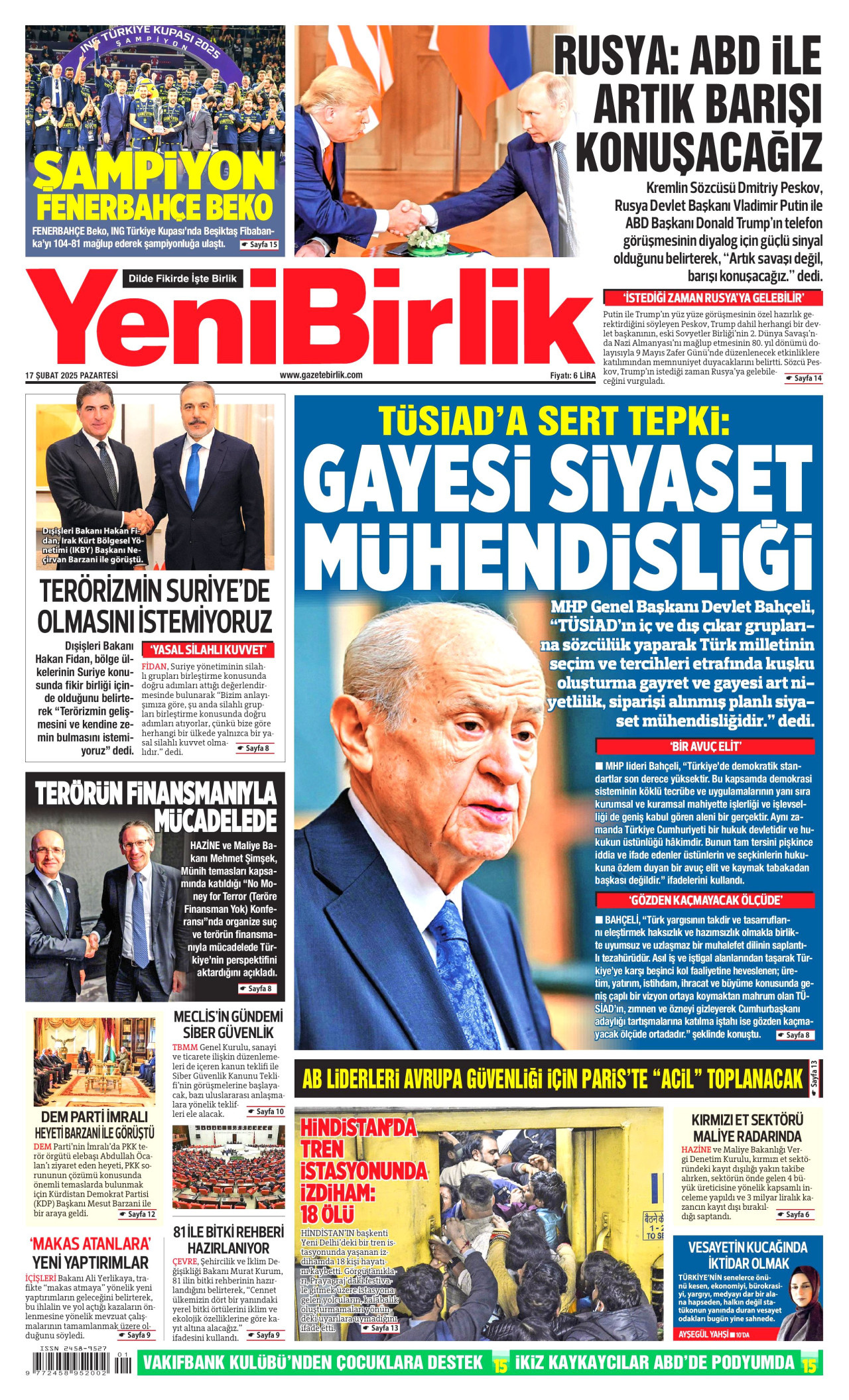 YENİBİRLİK gazetesinin 17 Şubat 2025 tarihli birinci sayfası