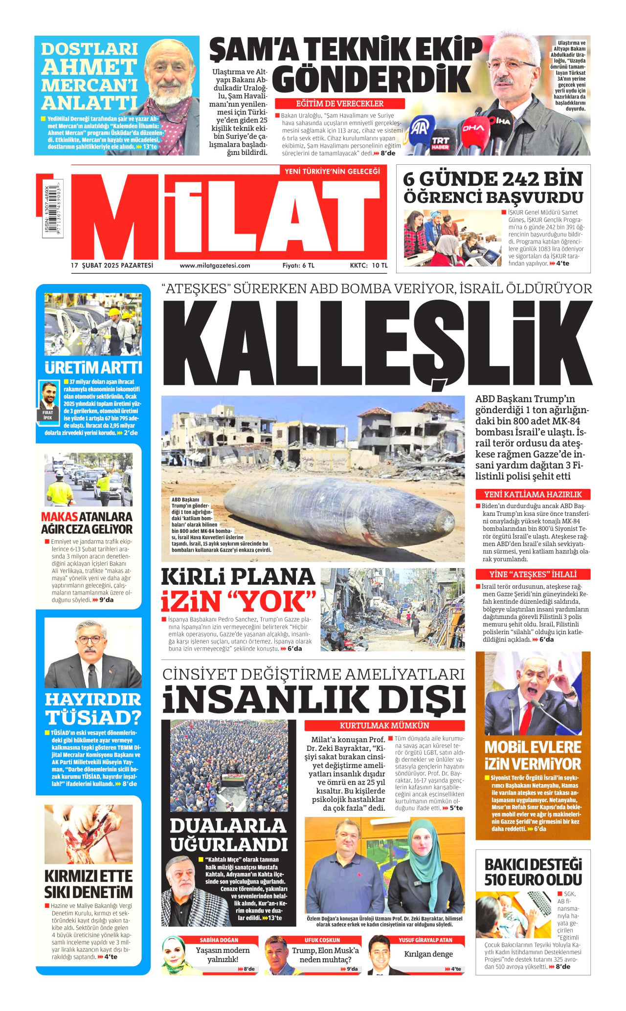 MİLAT gazetesinin 17 Şubat 2025 tarihli birinci sayfası