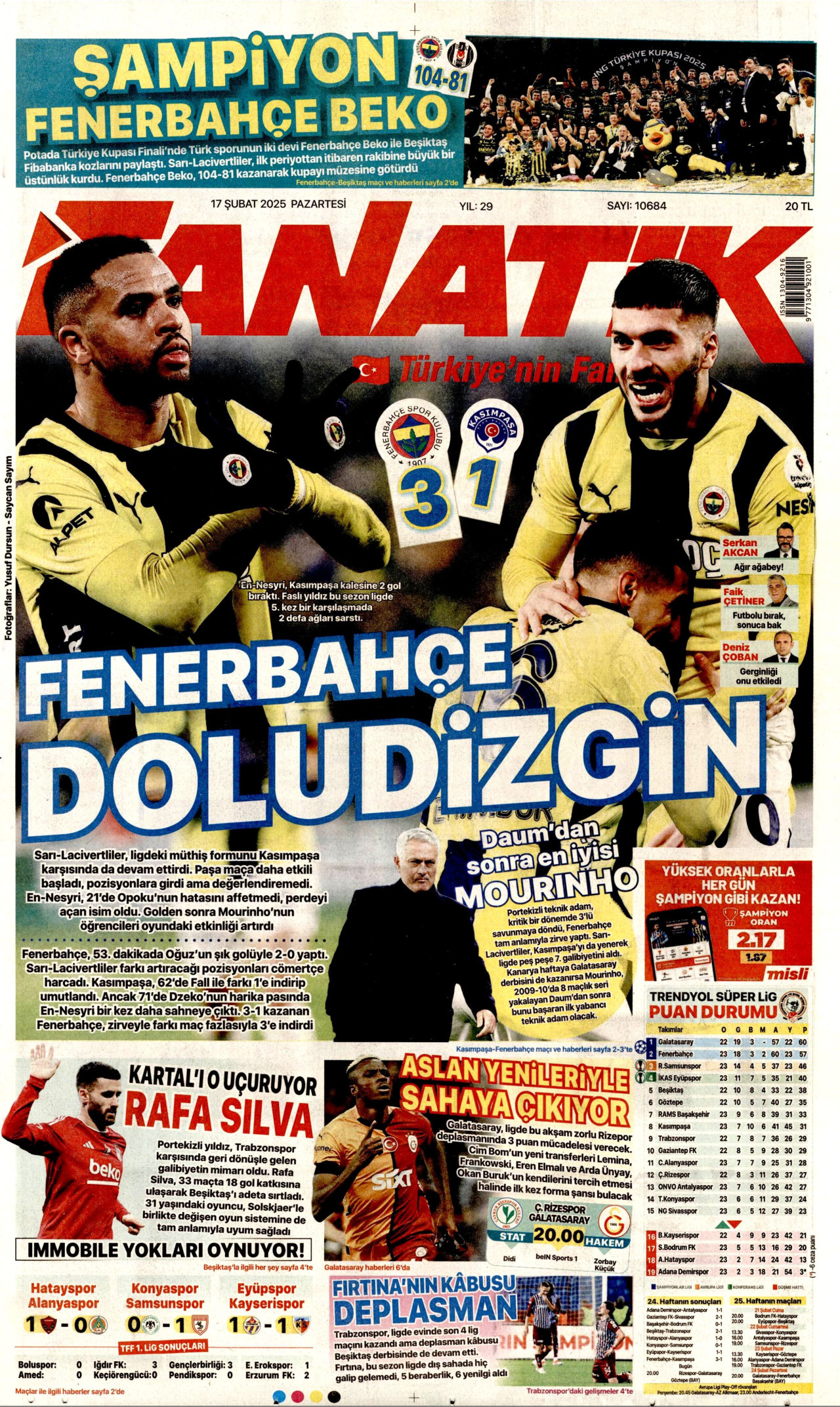 FANATİK gazetesinin 17 Şubat 2025 tarihli birinci sayfası