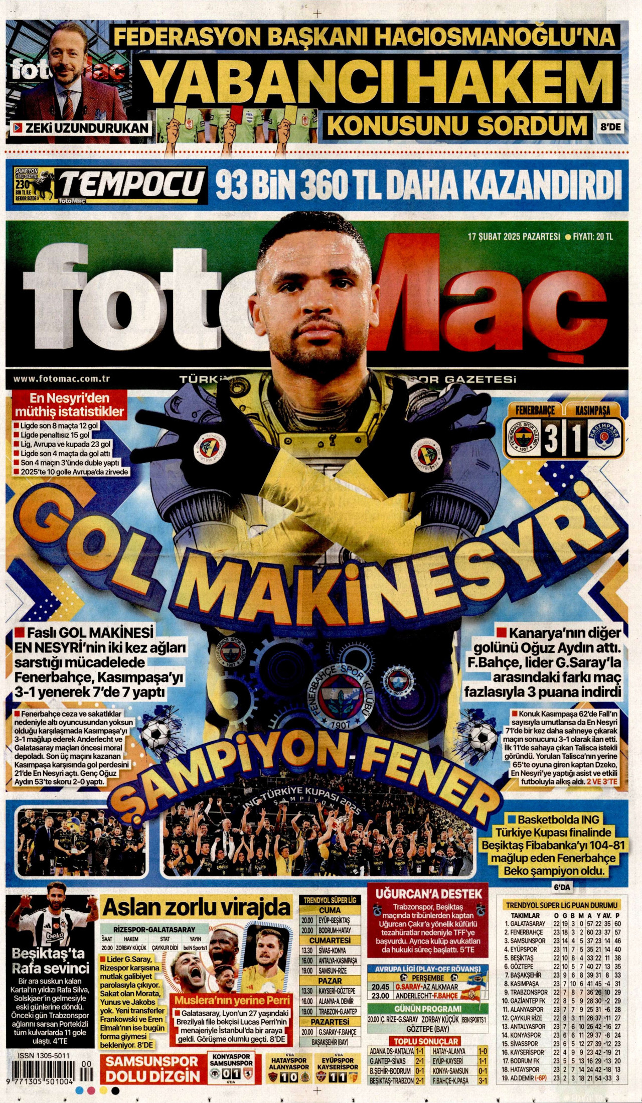 FOTOMAÇ gazetesinin 17 Şubat 2025 tarihli birinci sayfası