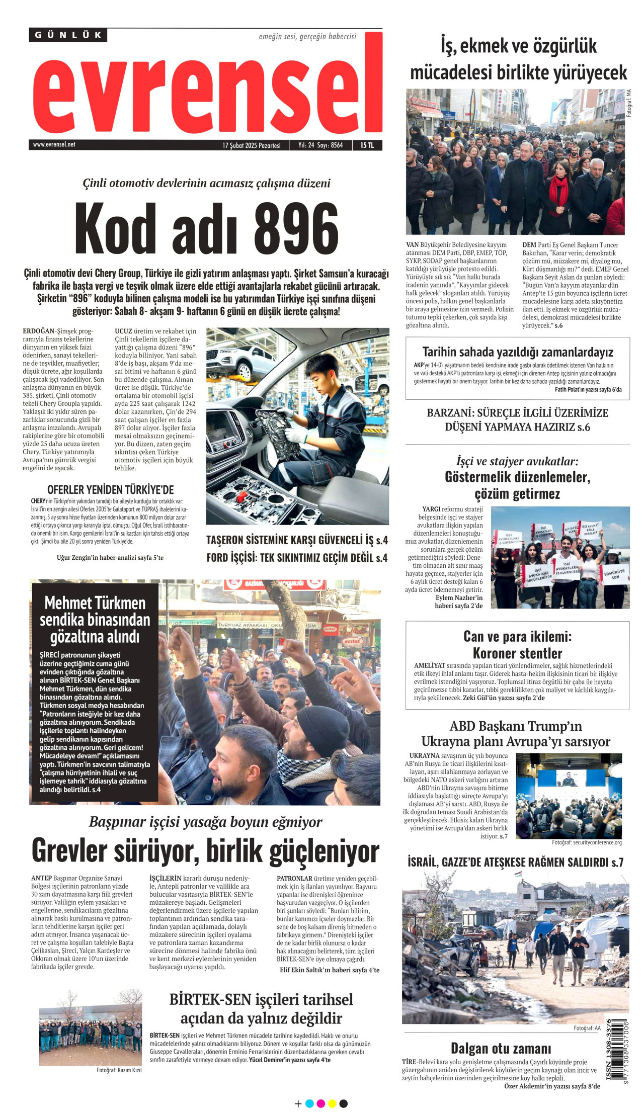 EVRENSEL gazetesinin 17 Şubat 2025 tarihli birinci sayfası