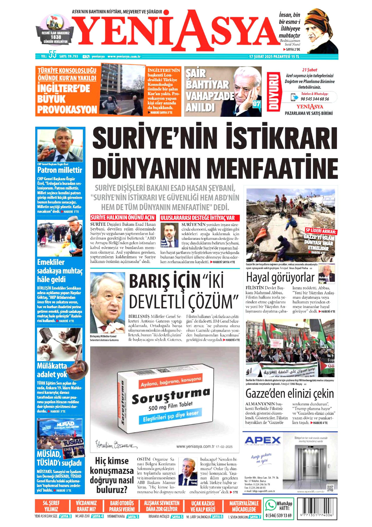 YENİ ASYA gazetesinin 17 Şubat 2025 tarihli birinci sayfası