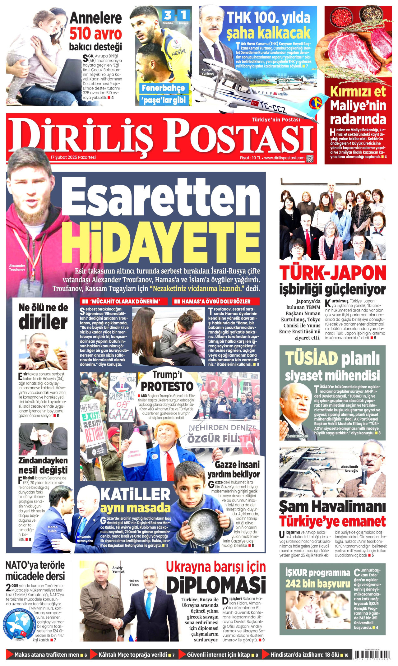 DİRİLİŞ POSTASI gazetesinin 17 Şubat 2025 tarihli birinci sayfası