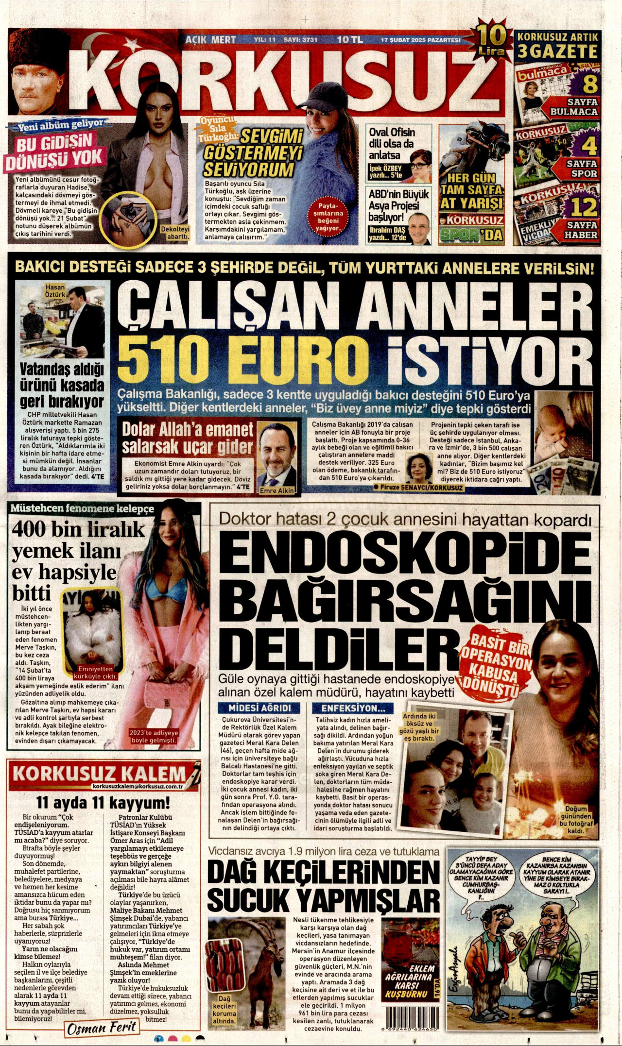 KORKUSUZ gazetesinin 17 Şubat 2025 tarihli birinci sayfası