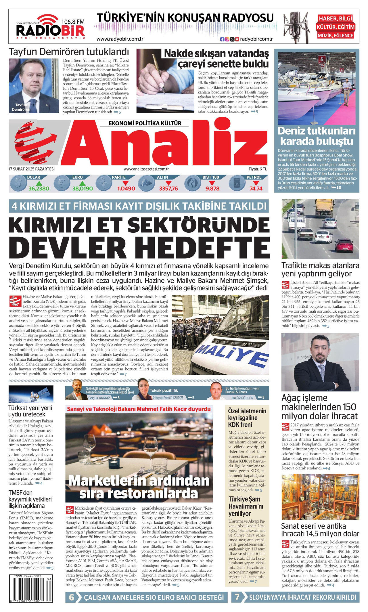ANALİZ gazetesinin 17 Şubat 2025 tarihli birinci sayfası