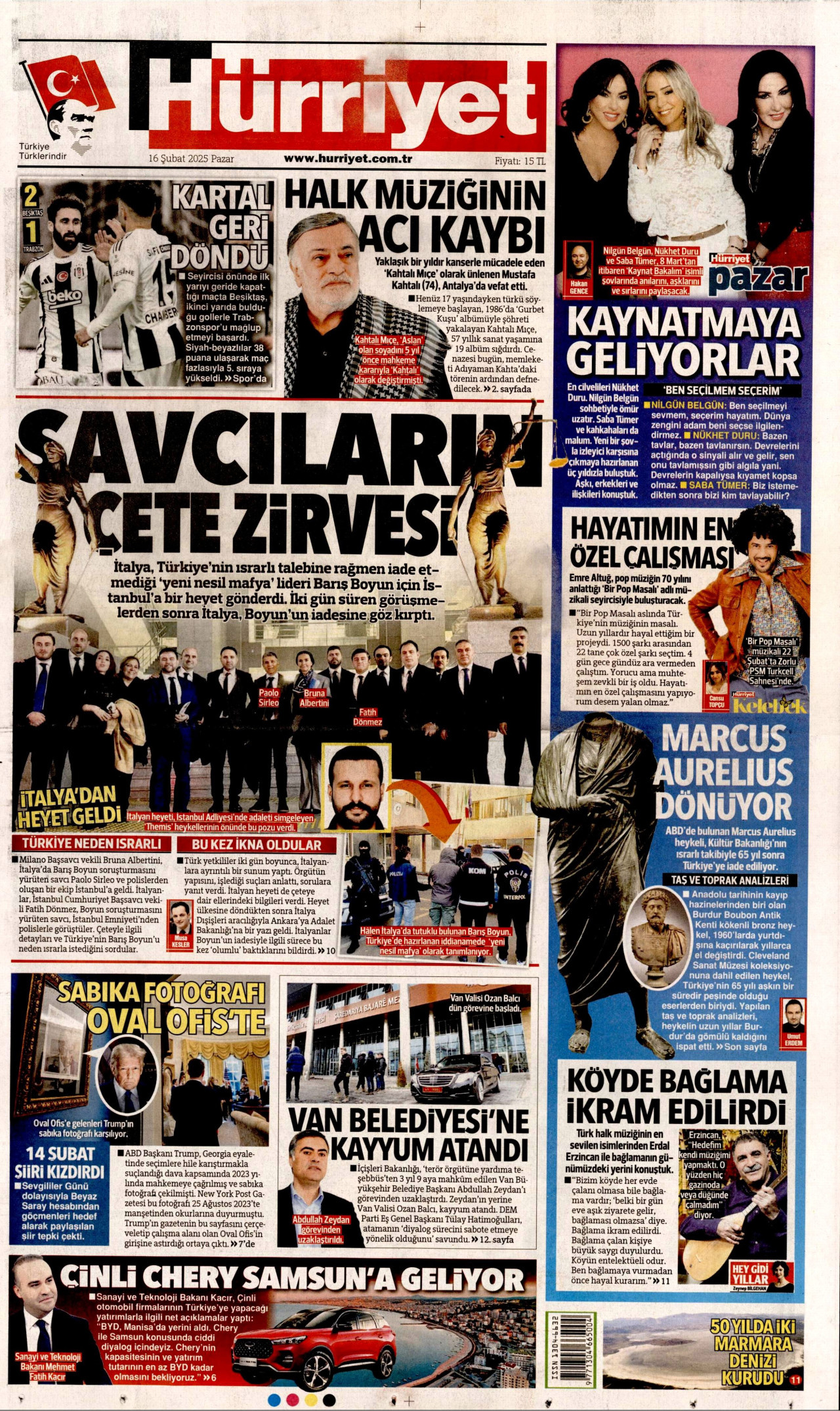 HÜRRİYET gazetesinin 16 Şubat 2025 tarihli birinci sayfası