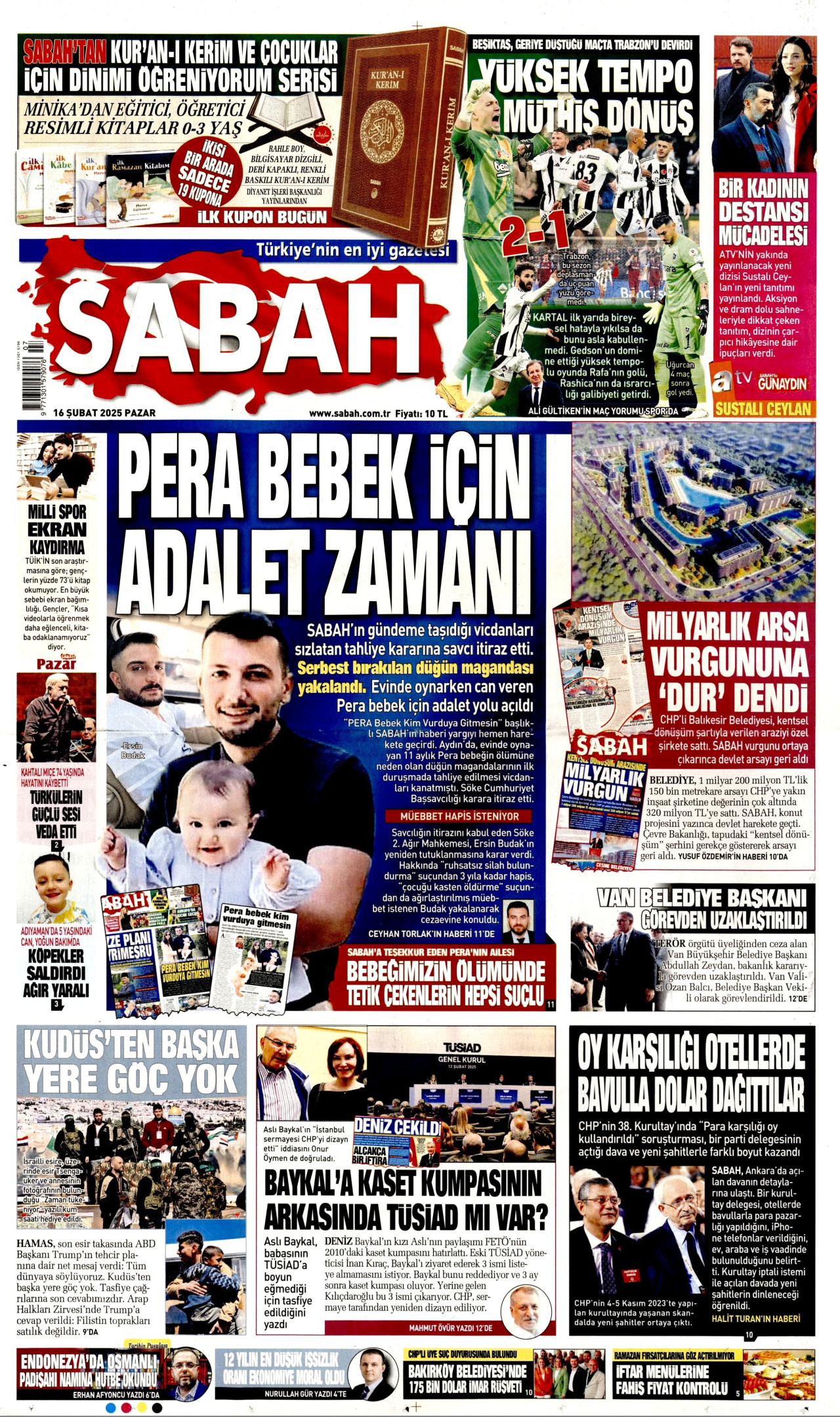 SABAH gazetesinin 16 Şubat 2025 tarihli birinci sayfası