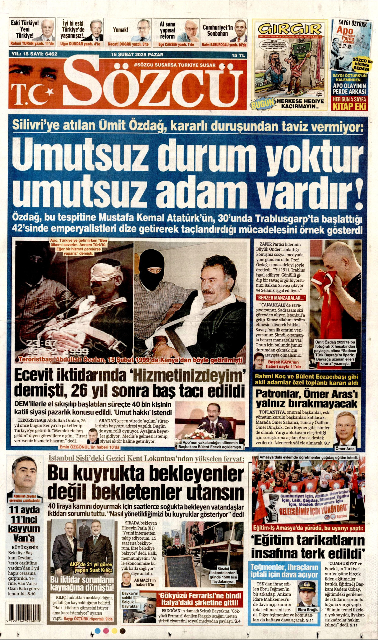 SÖZCÜ gazetesinin 16 Şubat 2025 tarihli birinci sayfası