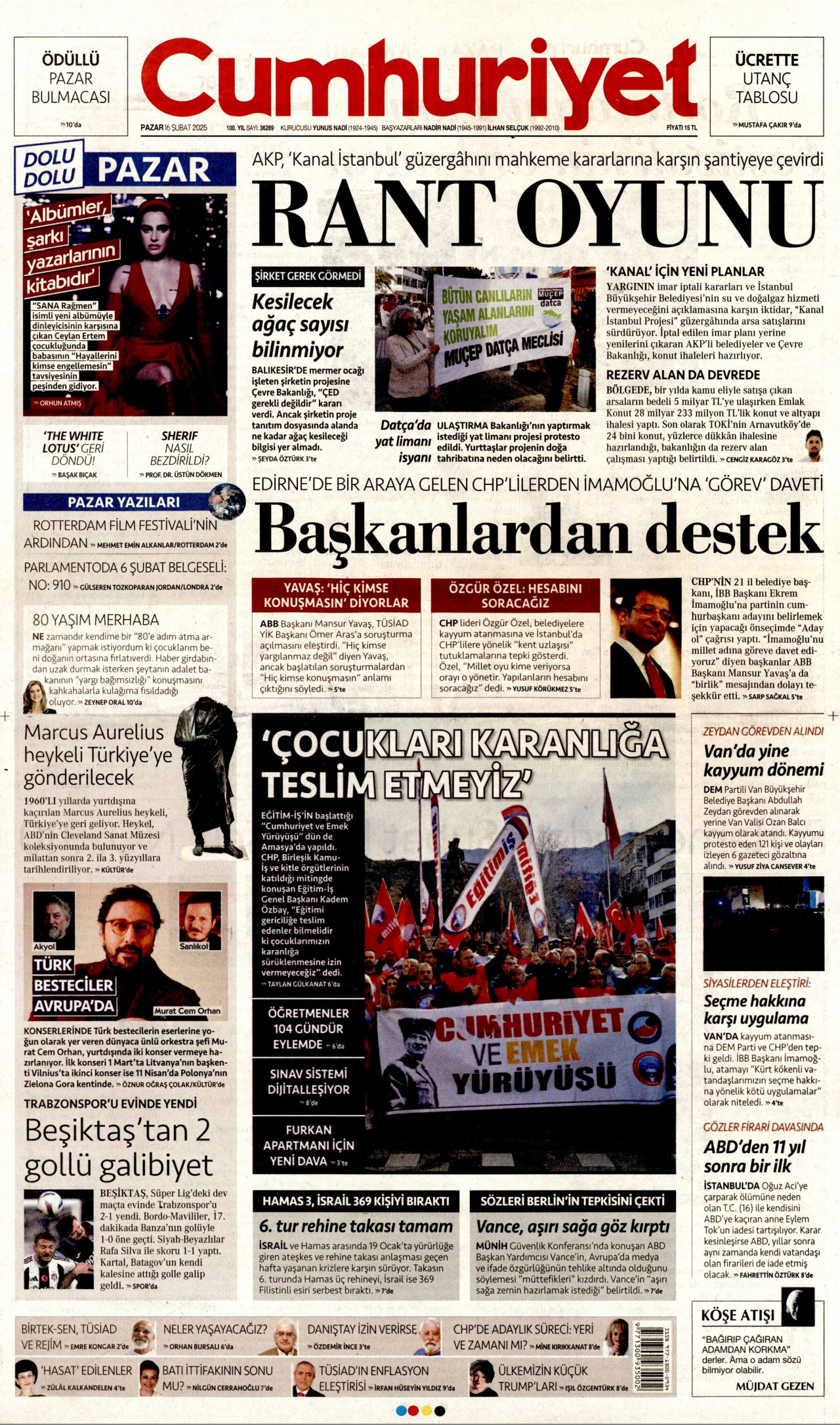 CUMHURİYET gazetesinin 16 Şubat 2025 tarihli birinci sayfası