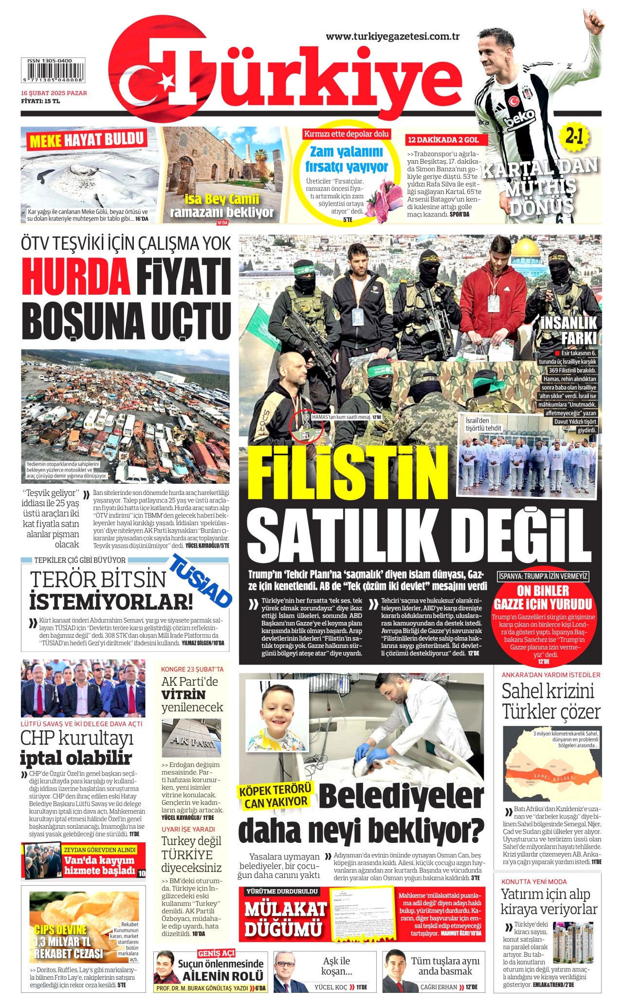 TÜRKİYE GAZETESİ gazetesinin 16 Şubat 2025 tarihli birinci sayfası