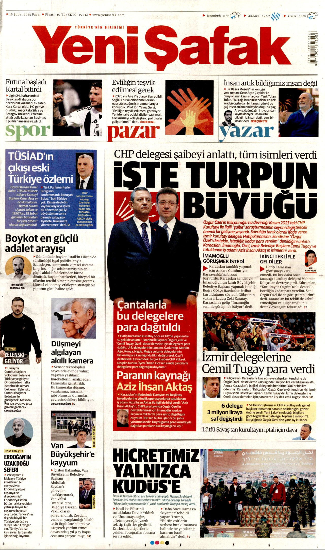 YENİ ŞAFAK gazetesinin 16 Şubat 2025 tarihli birinci sayfası