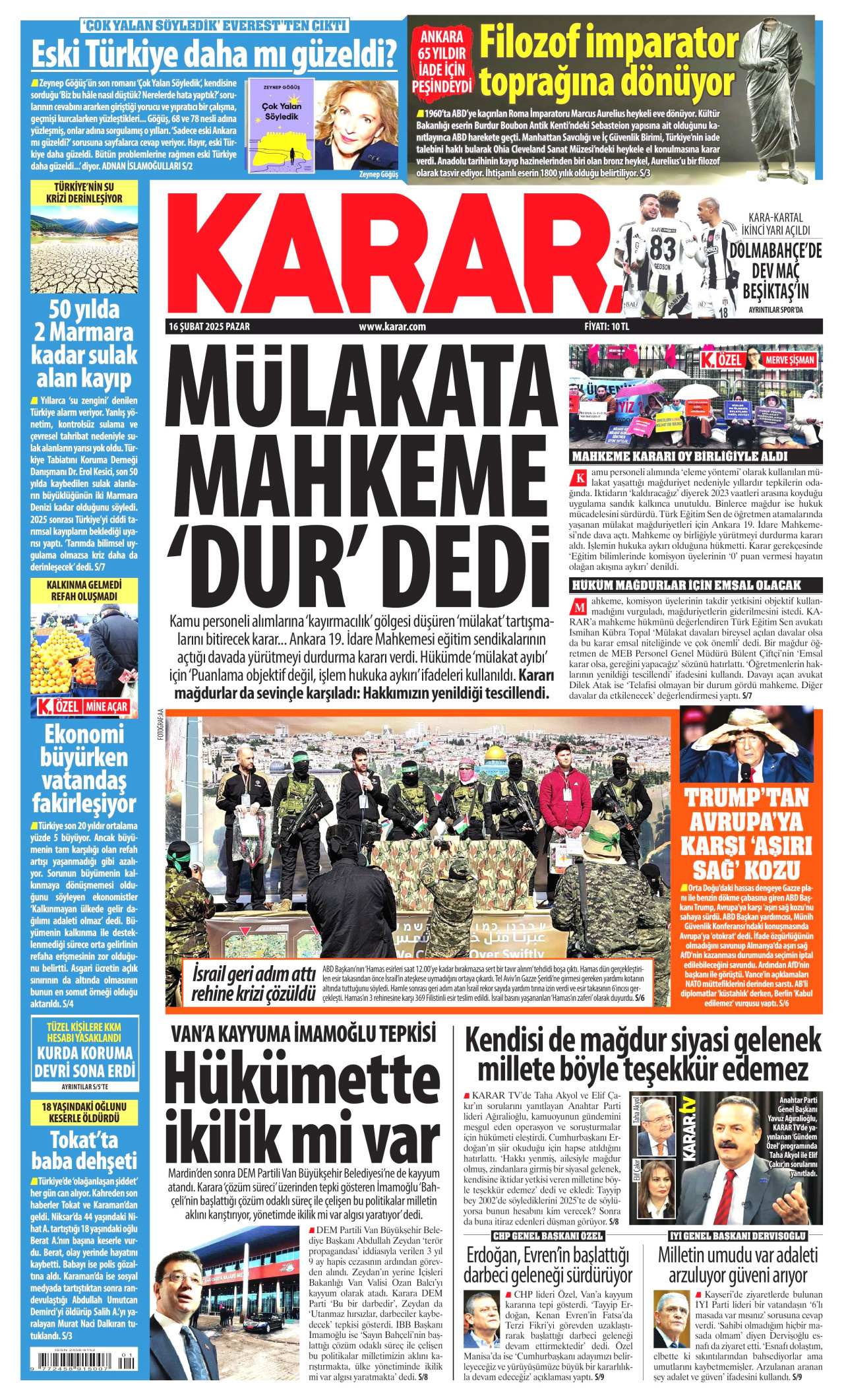 KARAR gazetesinin 16 Şubat 2025 tarihli birinci sayfası
