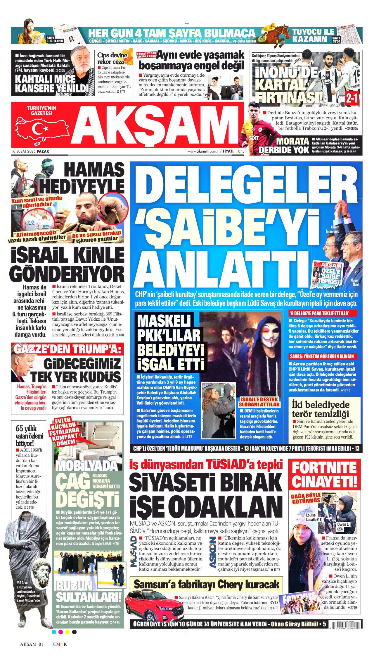 AKŞAM gazetesinin 16 Şubat 2025 tarihli birinci sayfası