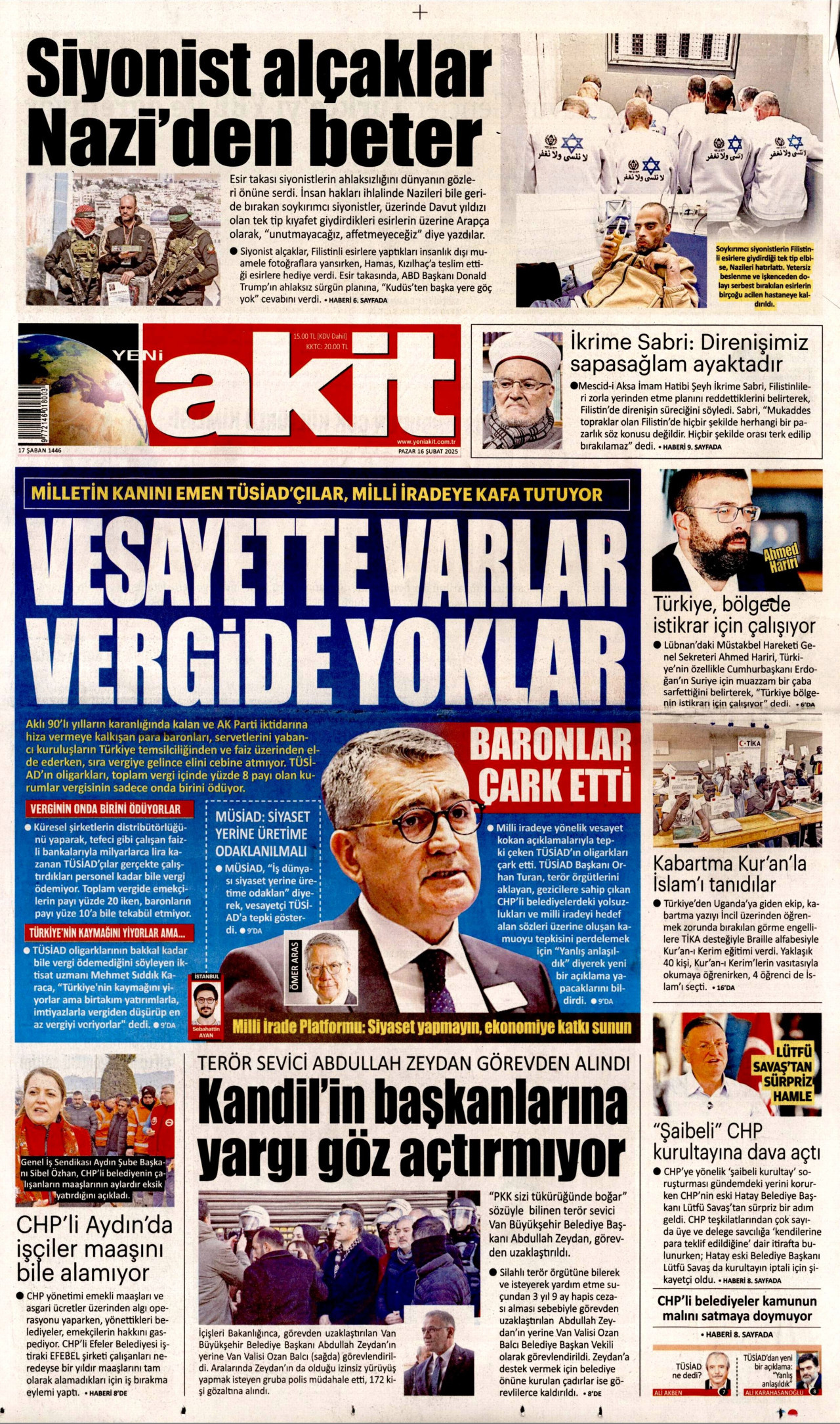 YENİ AKİT gazetesinin 16 Şubat 2025 tarihli birinci sayfası