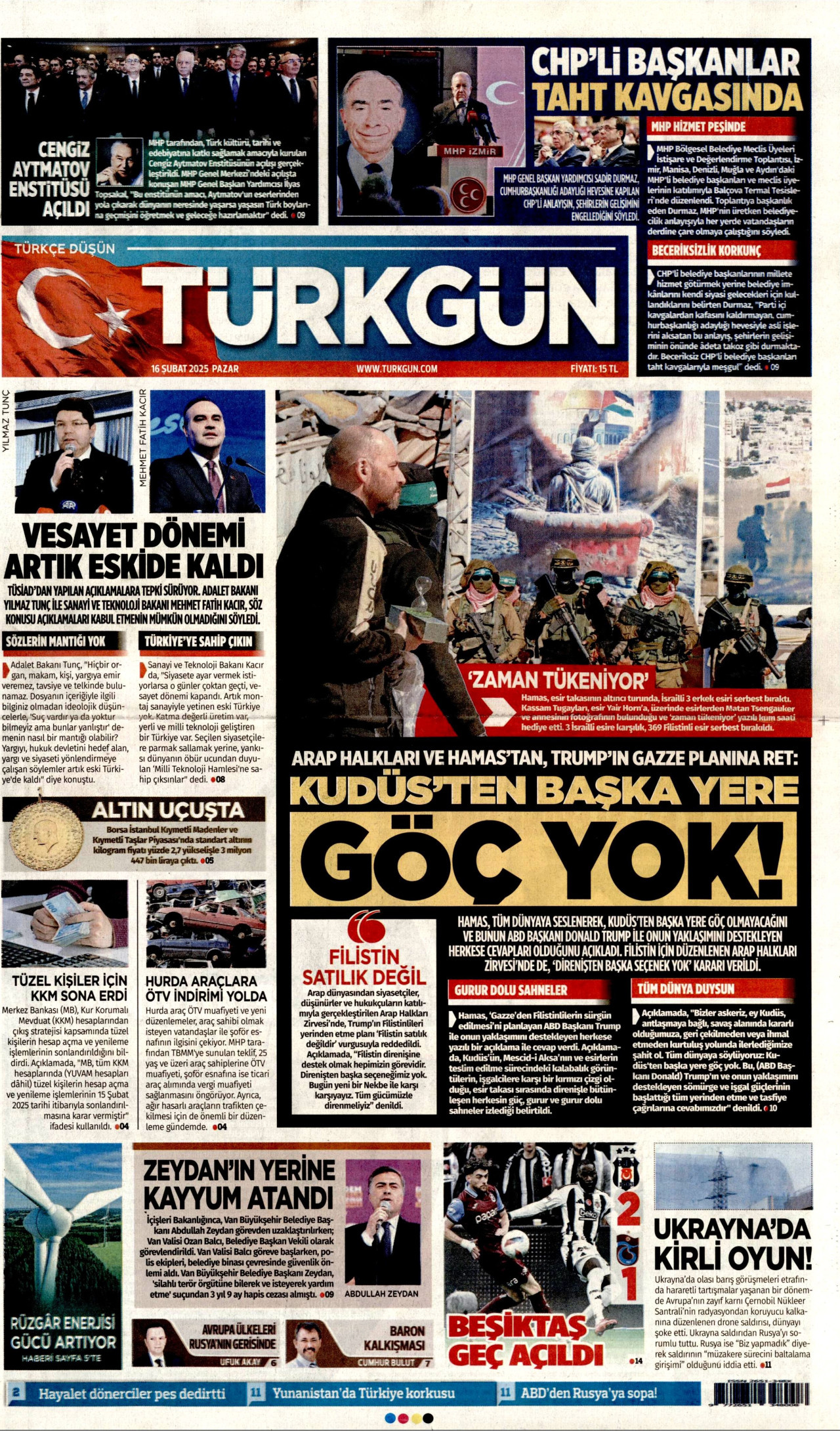 TÜRKGÜN gazetesinin 16 Şubat 2025 tarihli birinci sayfası