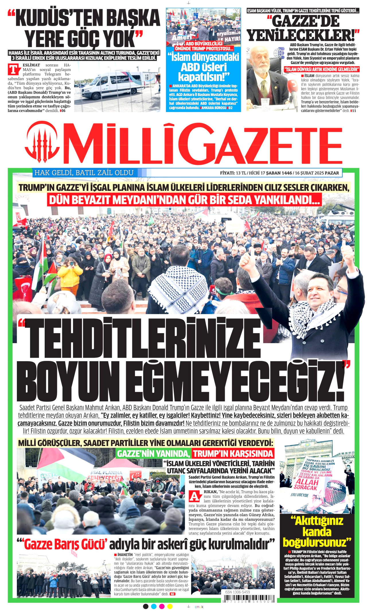 MİLLİ GAZETE gazetesinin 16 Şubat 2025 tarihli birinci sayfası