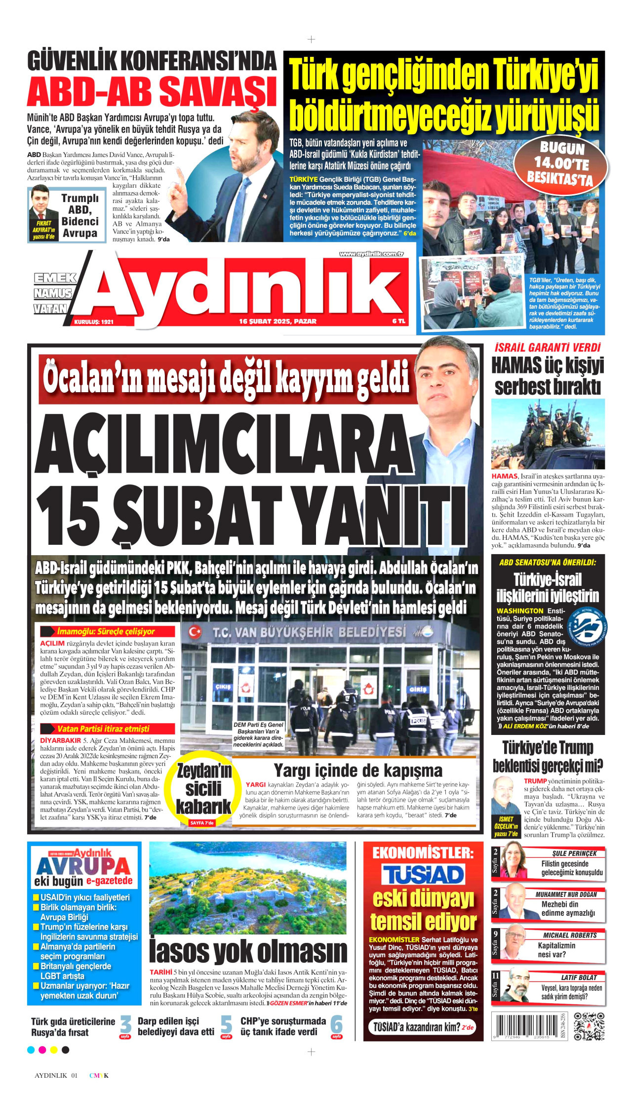 AYDINLIK GAZETESİ gazetesinin 16 Şubat 2025 tarihli birinci sayfası