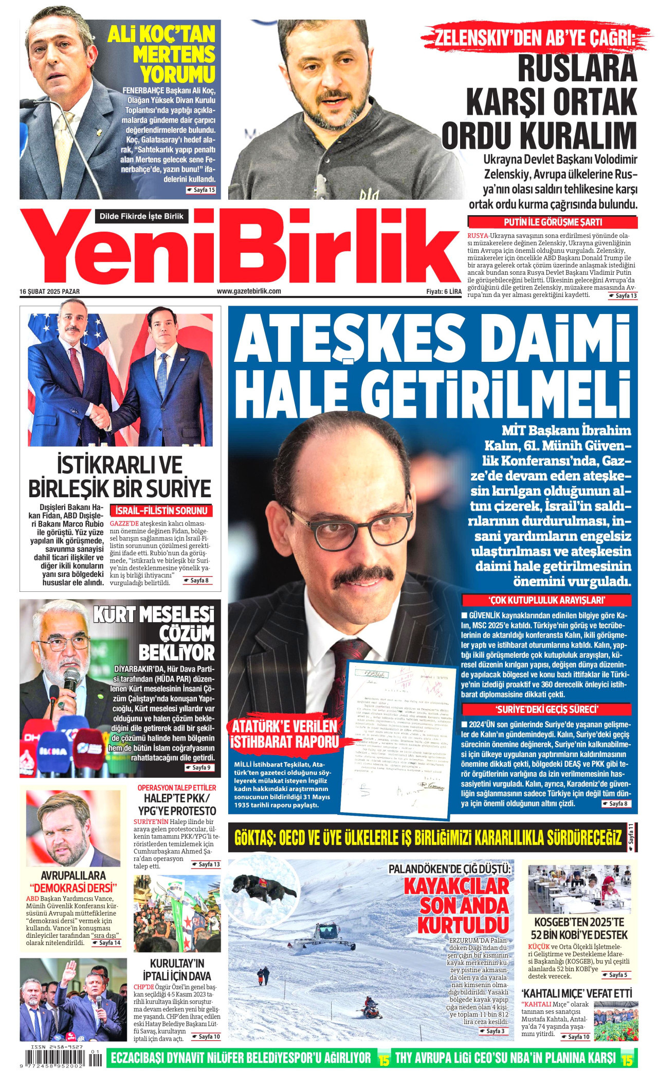 YENİBİRLİK gazetesinin 16 Şubat 2025 tarihli birinci sayfası