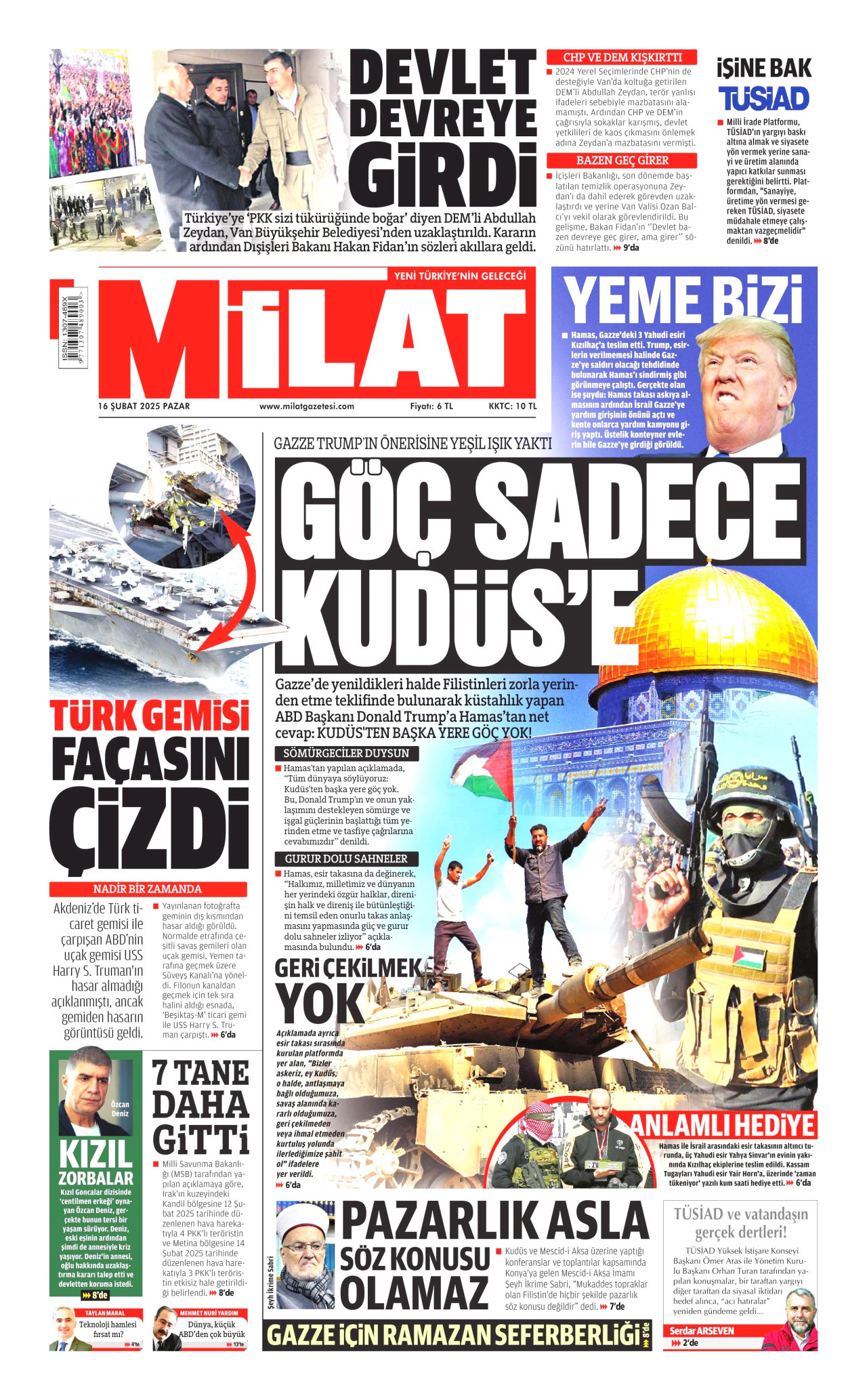 MİLAT gazetesinin 16 Şubat 2025 tarihli birinci sayfası