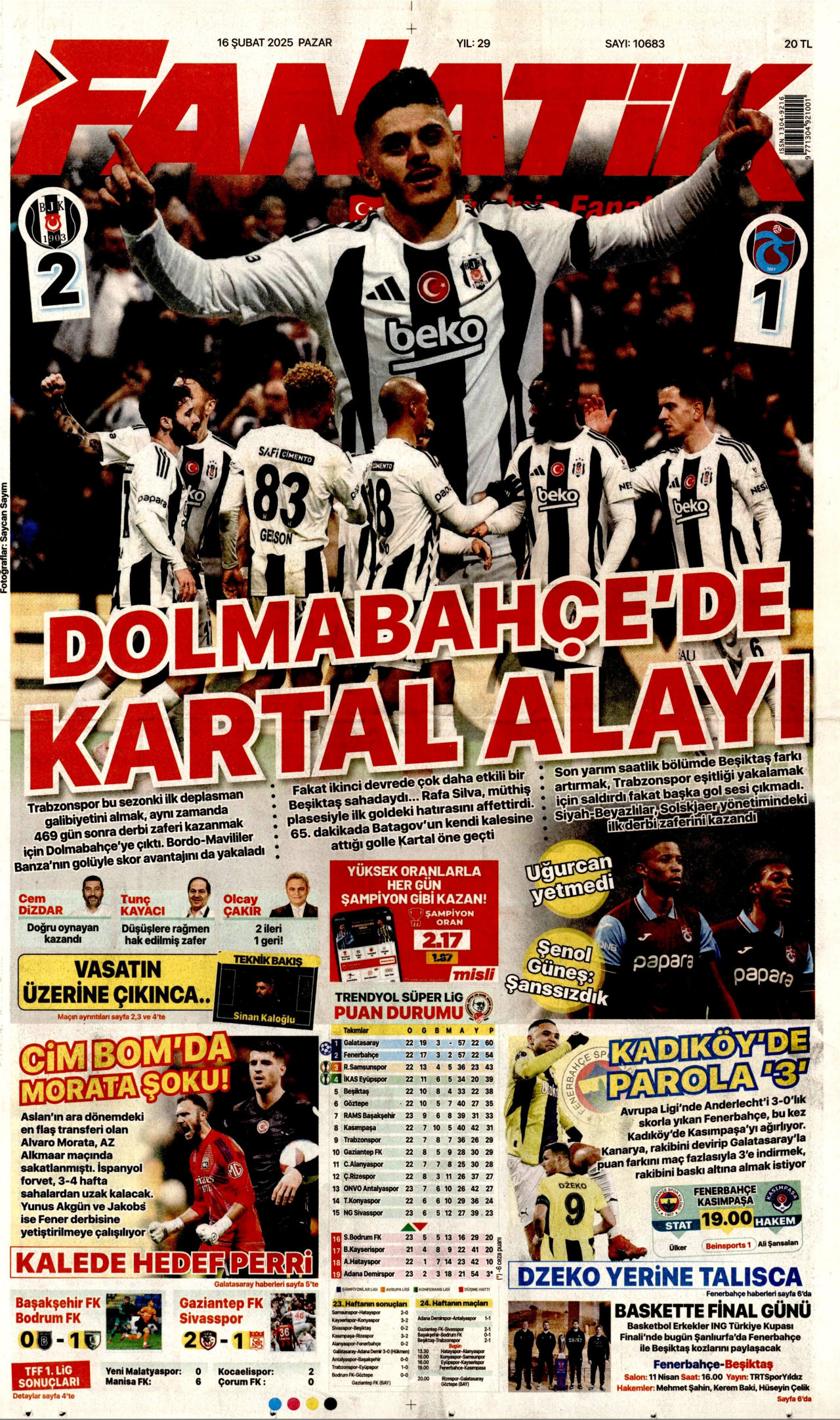 FANATİK gazetesinin 16 Şubat 2025 tarihli birinci sayfası