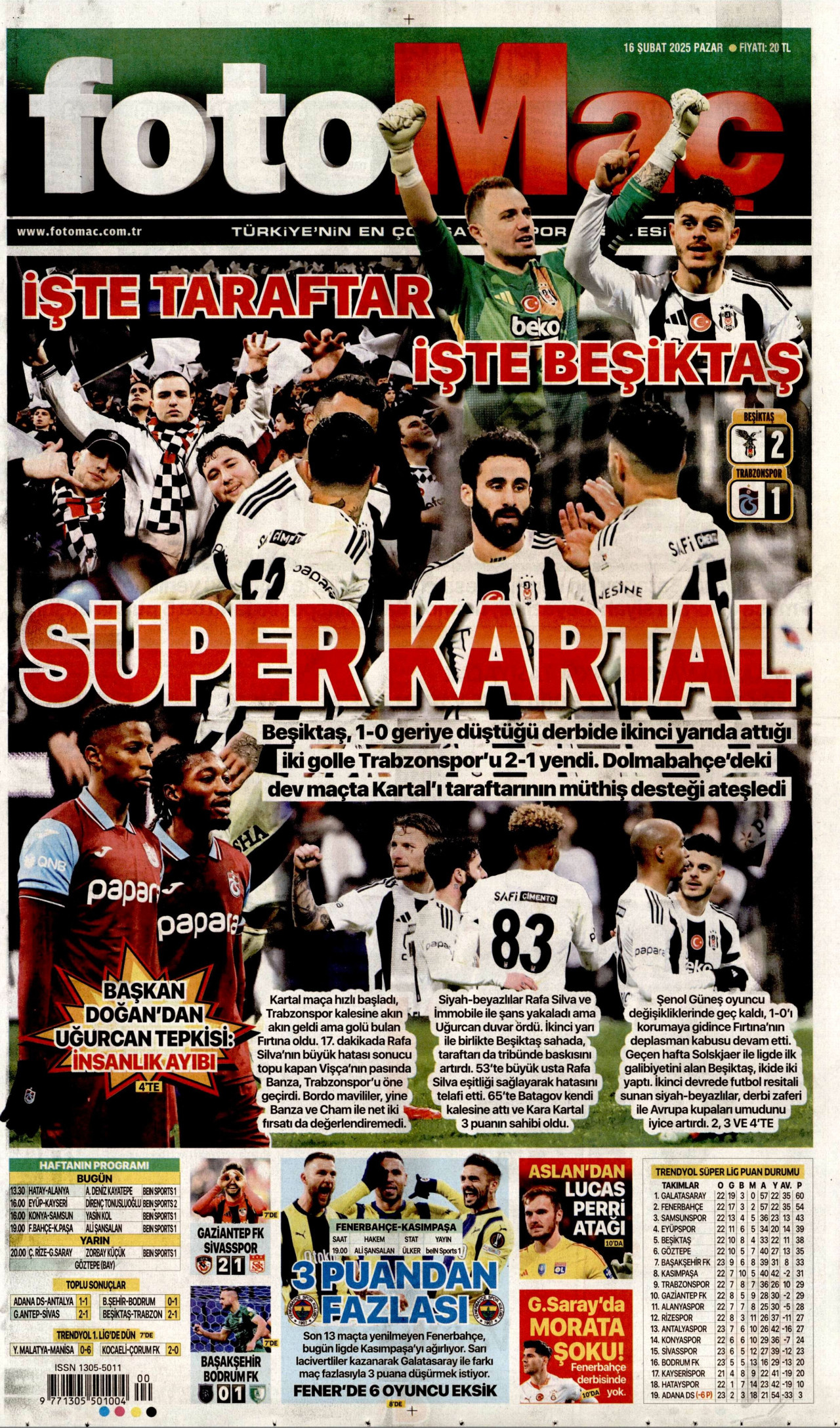 FOTOMAÇ gazetesinin 16 Şubat 2025 tarihli birinci sayfası